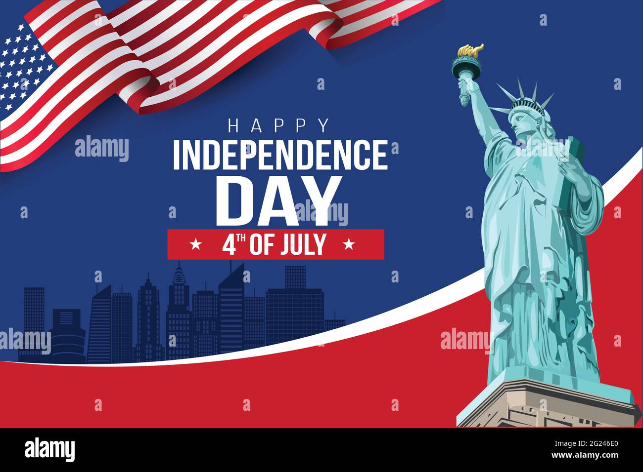 USA Happy Independence Day 4 juillet. Prospectus, bannière, affiche, carte  de vœux. Modèle avec drapeau et statue de la liberté sur fond bleu. Vecteur  illu Image Vectorielle Stock - Alamy