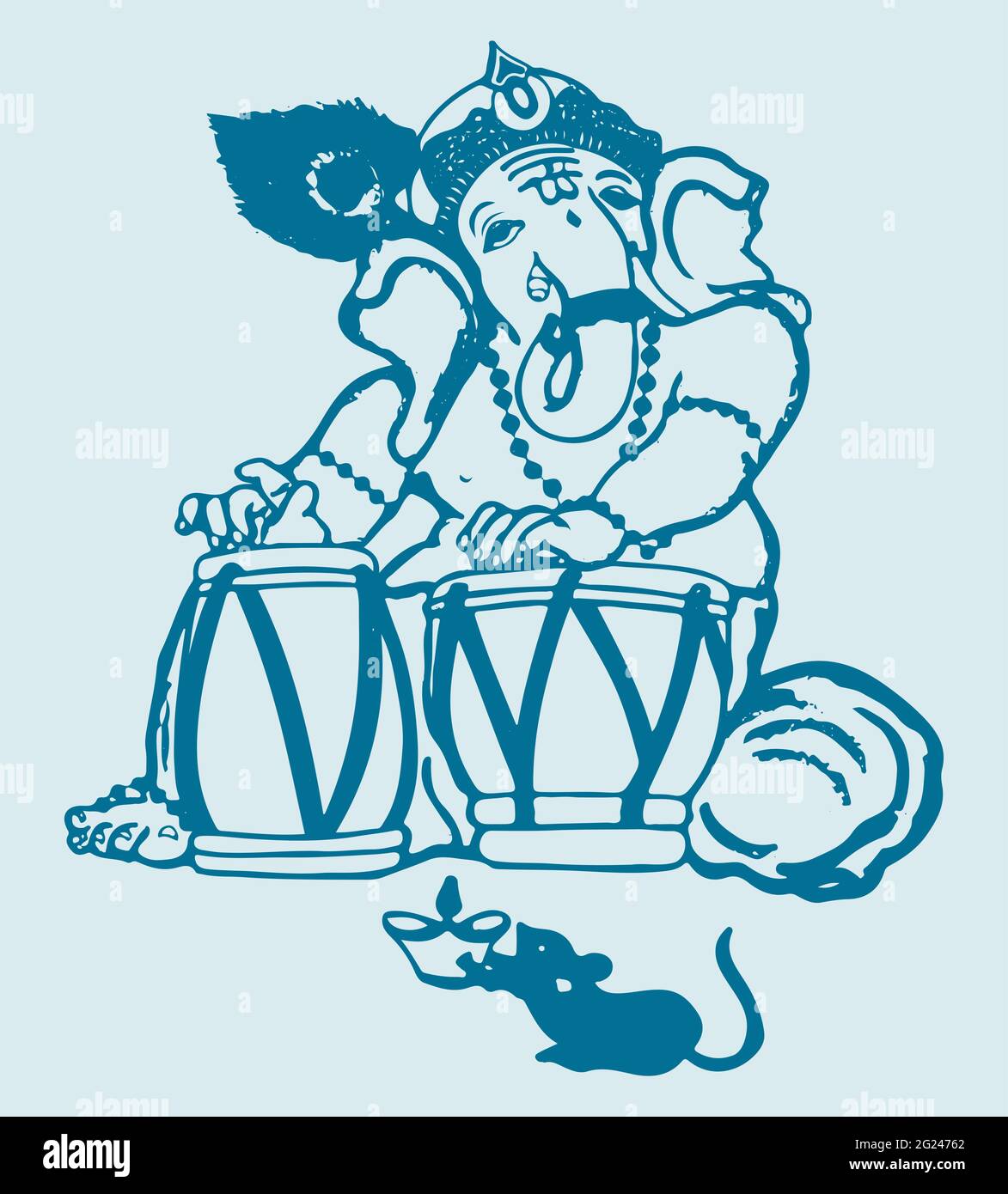 Dessin ou croquis de Lord Ganesha jouant des tambours de tabla isolés sur fond clair Banque D'Images