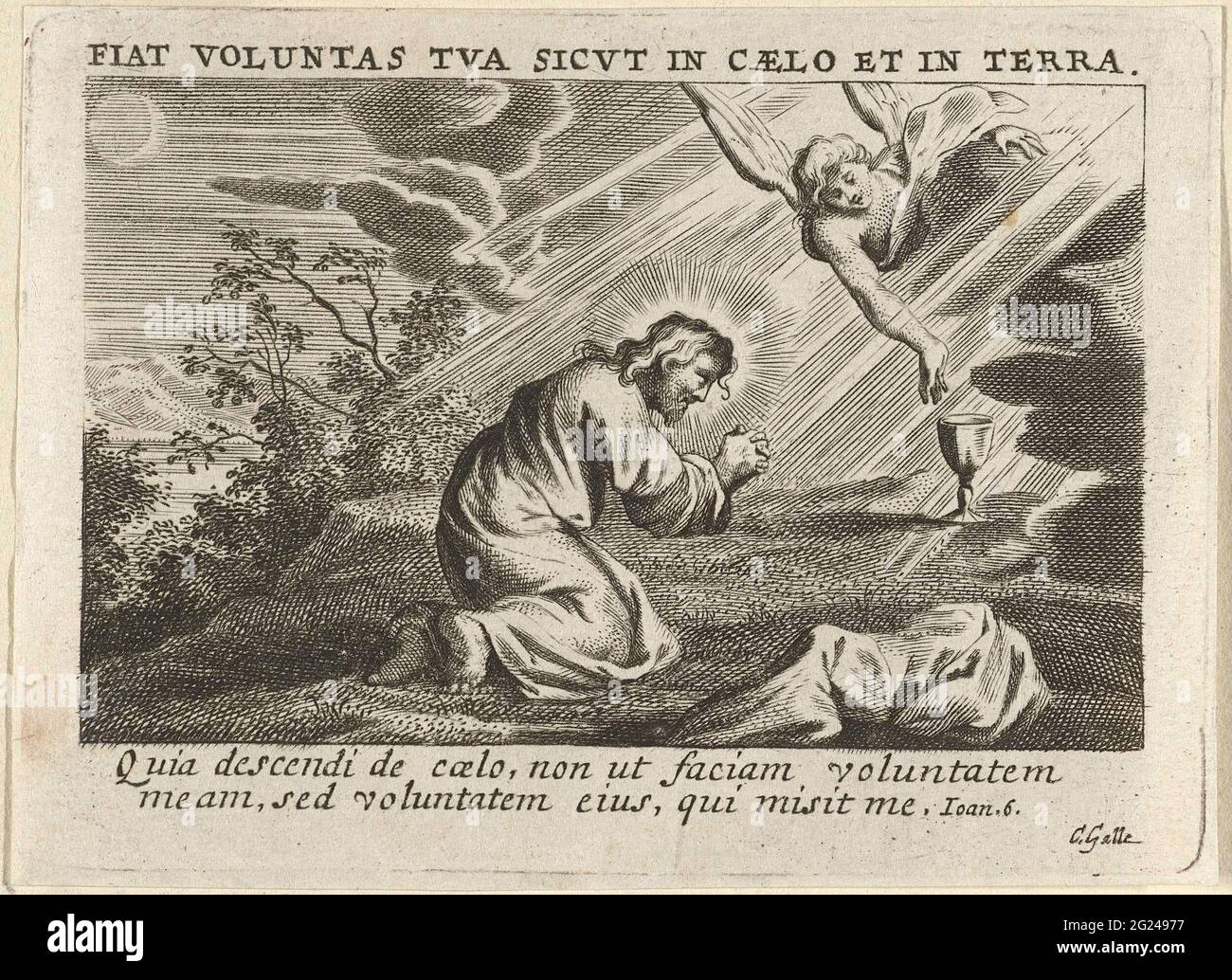 Christ dans le Hof van Getsemane. Le Christ s'agenouille sur la montagne d'olive la nuit et prie. Un ange lui apporte un calice. Sous le spectacle un verset latin de Joh. 6. Banque D'Images