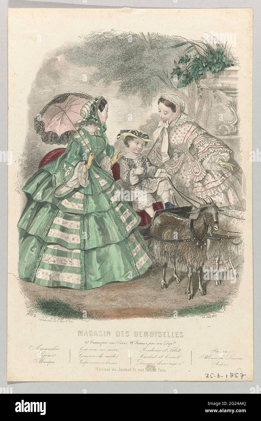 Magasin des Demoiselles, 25 juin 1857. Deux femmes, dont une décorée de  parasol avec dentelle, dans un jardin. L'enfant est assis sur un camion de  boxe, fouet à la main. Sous le