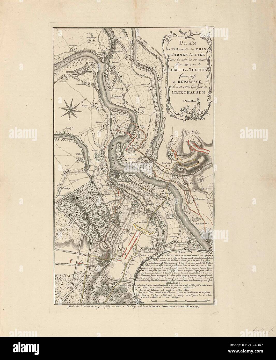 Diagramme de l'Armée alliée au-dessus de Lobith, 1758; Plan du passage du Rhin de l'Armée alliée dans la nuit du 1me au 2me juin 1758. Près de Lobeth ou Tolhuis Comme Aussi du passage le 8 et 9ME Aout Près de Griethausen. Carte du cours du Rhin entre Emmerich et des blessures sur lesquelles l'armée alliée a été traversée dans la nuit à partir du 1 le 2 juin 1758 le fleuve à Lobith de Tolhuis et est de nouveau dans la nuit du 8 le 9 août à Griethausen retour. En bas à droite d'une cartouche avec la légende A-R en français. Sous le titre le nom: f.w. Le BAWR. Banque D'Images