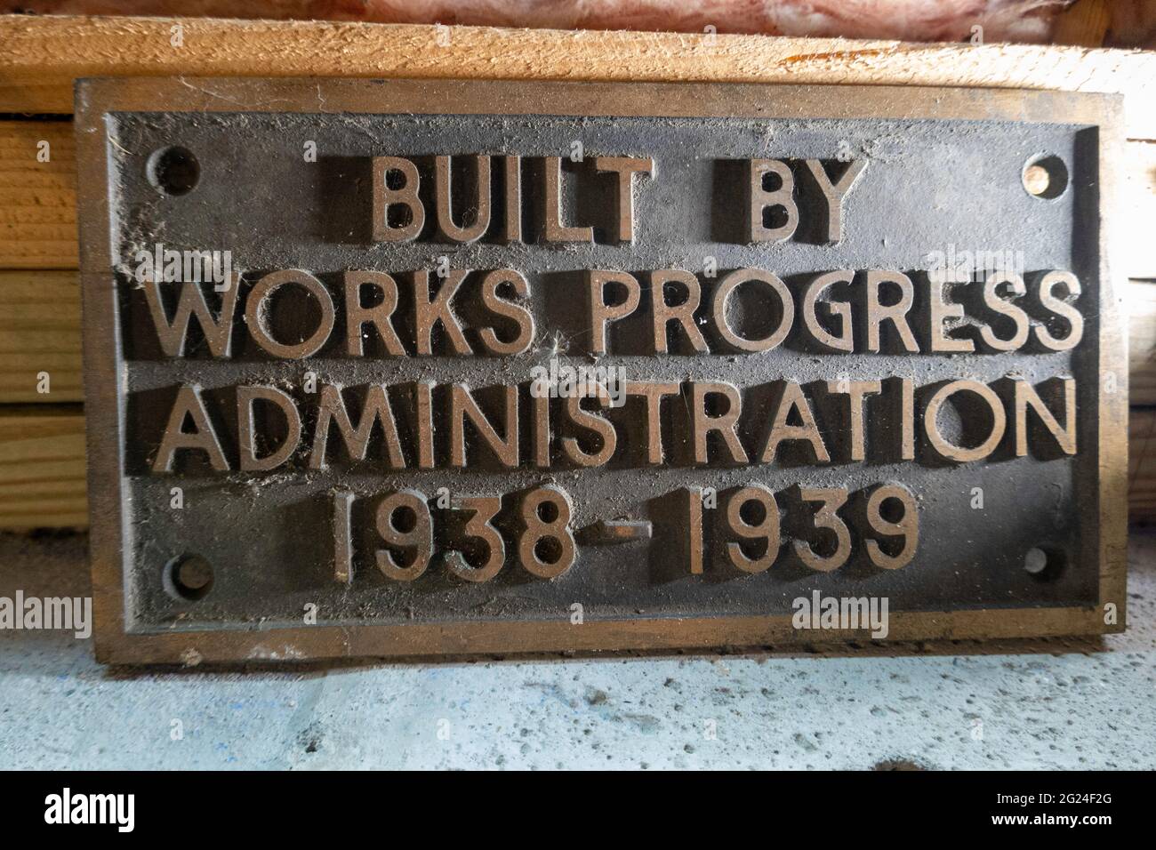 Construit par Works Progress Administration plaque, États-Unis Banque D'Images