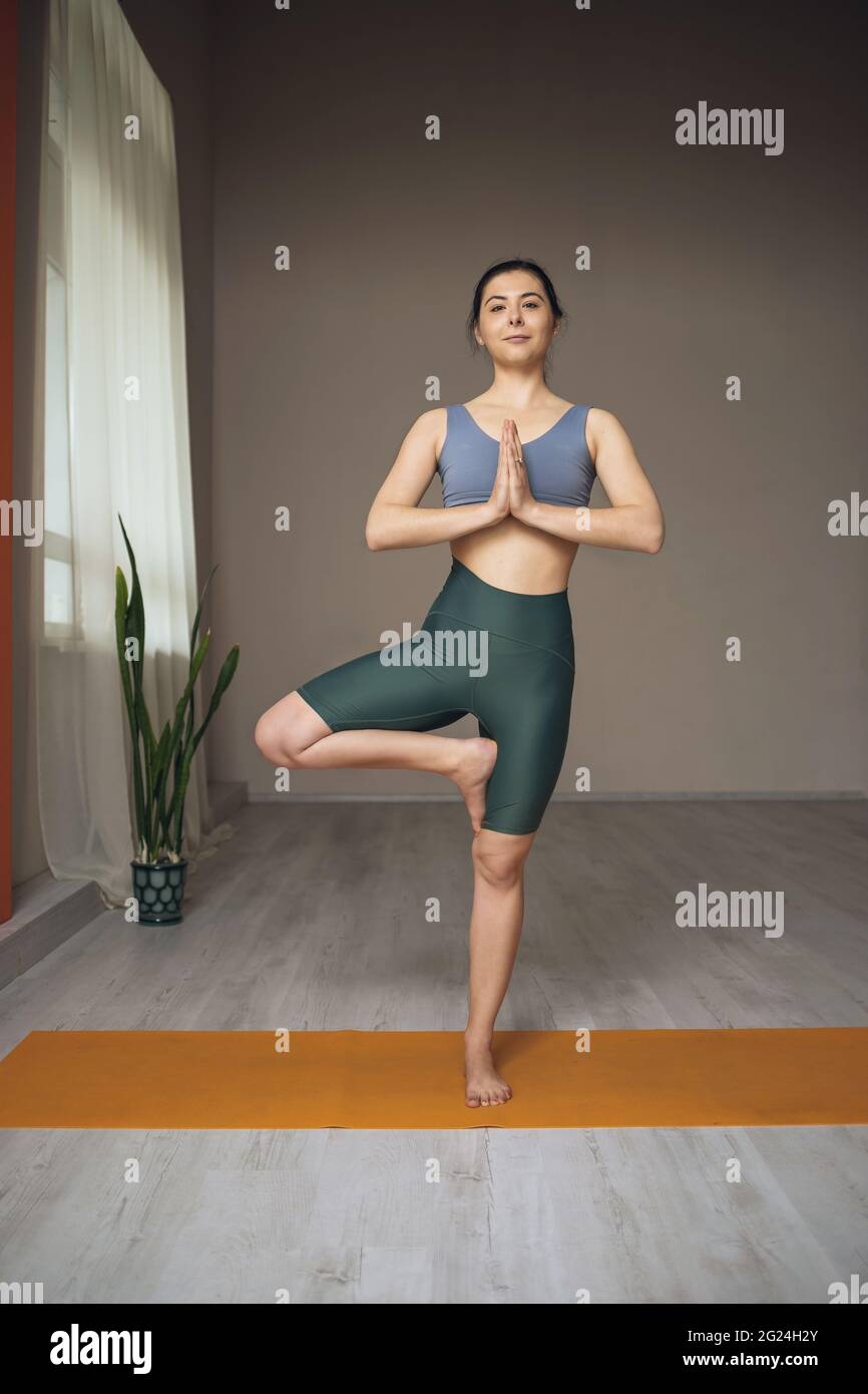 Une jeune femme pratiquant le yoga, debout sur un tapis dans le studio, exécute l'exercice vrikshasana, pose d'arbre, avec namaste. Banque D'Images