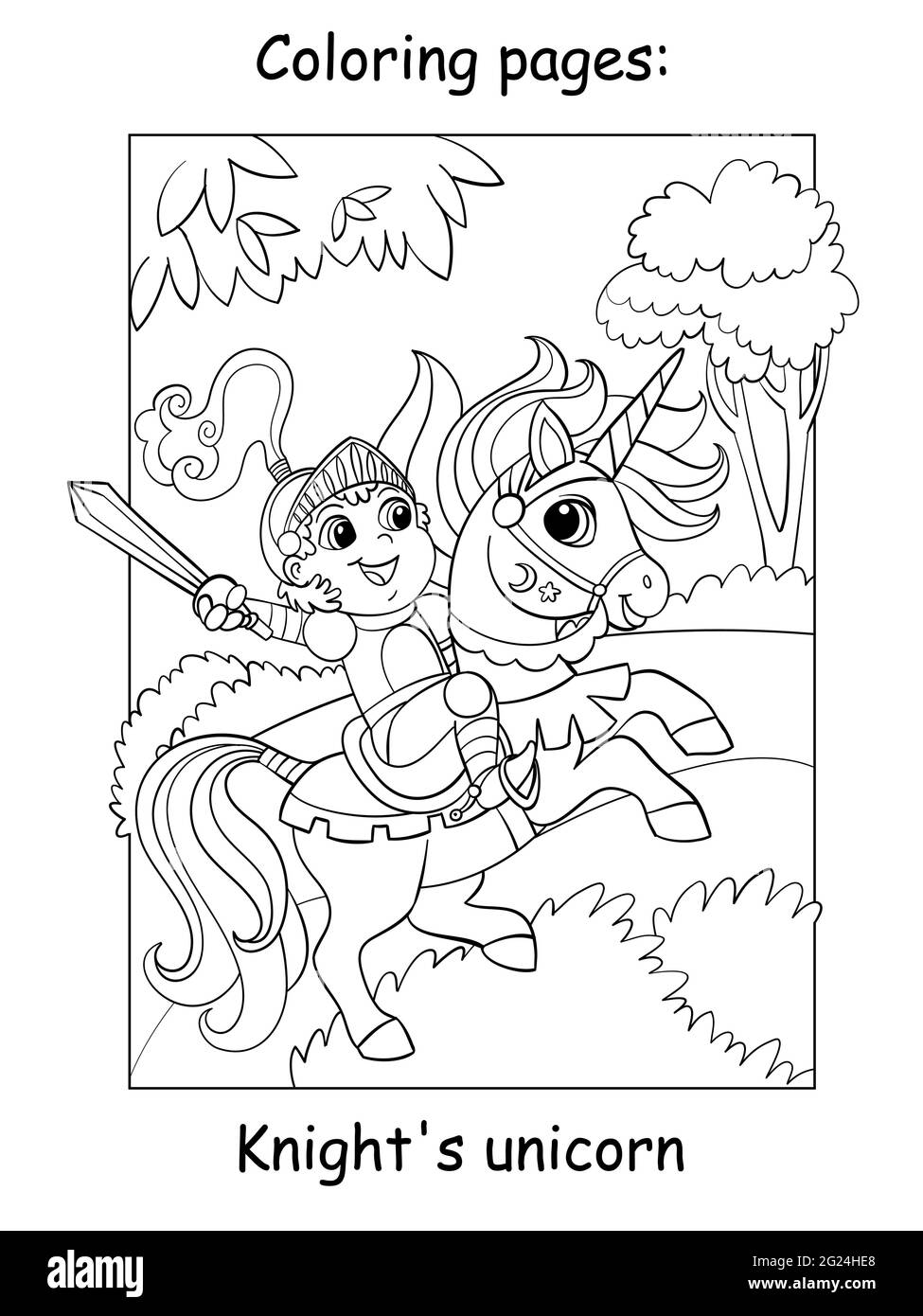 Petit chevalier mignon dans une armure à cheval sur une licorne. Page de livre de coloriage pour les enfants. Illustration de dessin animé vectoriel isolée sur fond blanc. Pour colorier Illustration de Vecteur