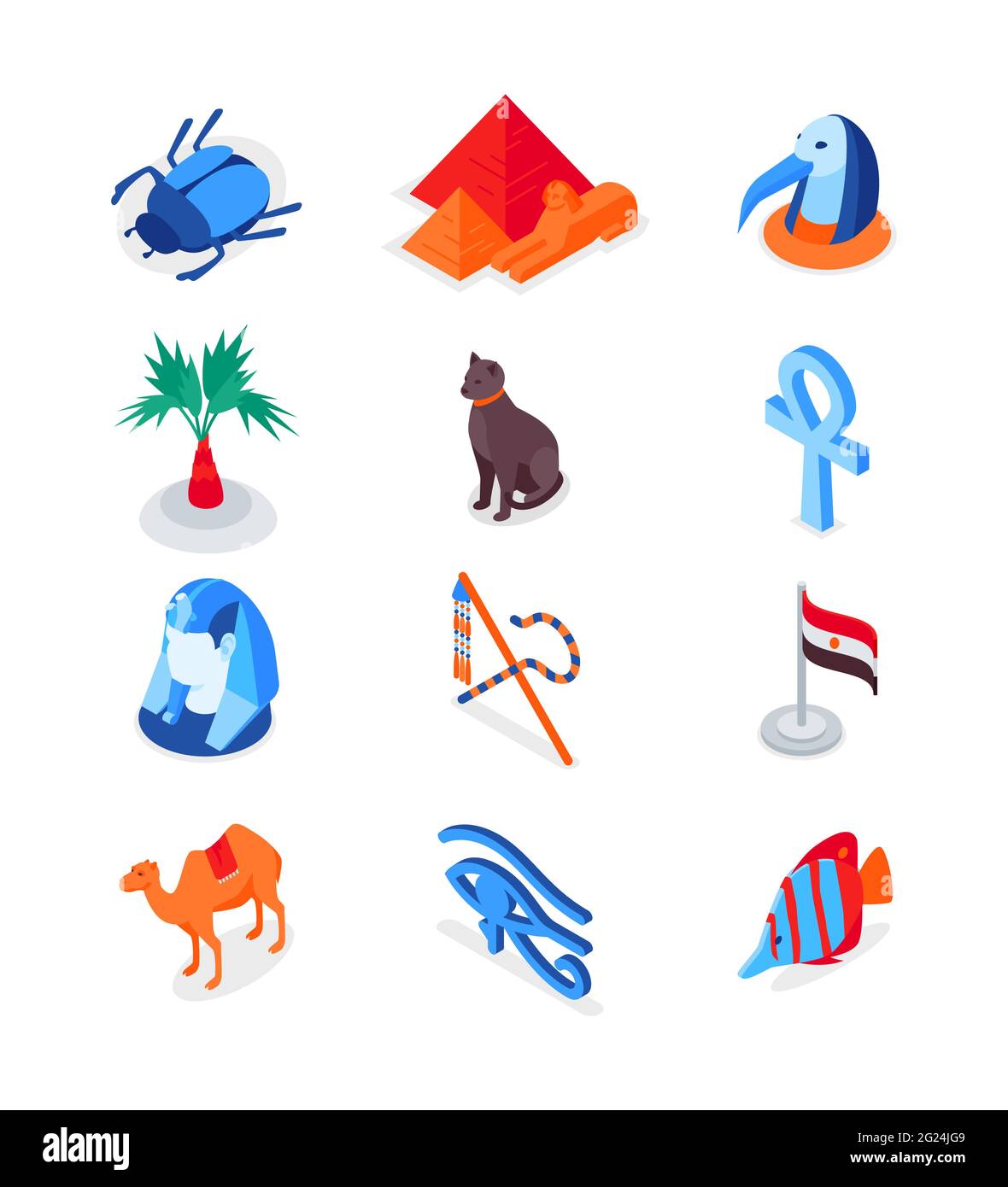 Symboles égyptiens - ensemble moderne et coloré d'icônes isométriques. Culture et traditions de l'Égypte. Ankh, scarabée, pyramides, chat, Thoth, pharaon, poissons de récif de corail, Illustration de Vecteur