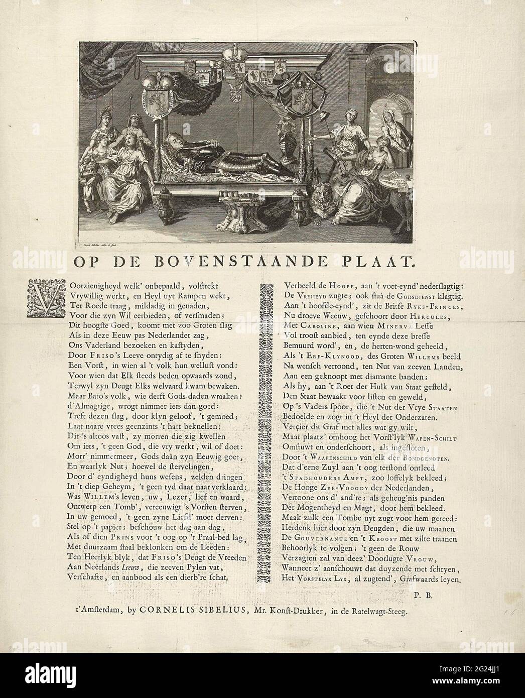 Prélit allégorique du Prince Willem IV, 1751. Le pré-lit du Prince Willem IV est décédé le 22 octobre et auquel il a été mis en place au cours des mois de novembre et décembre de l'année 1751. À la tête du lit, la veuve en deuil avec sa fille, la princesse Caroline, et son fils, le prince Willem V, accompagnés de figures allégoriques. Le lit décoré avec les armes des sept provinces, la généralité et l'amirauté. Sur la feuille sous l'assiette un frais en deux colonnes avec une initiale décorée V. Banque D'Images
