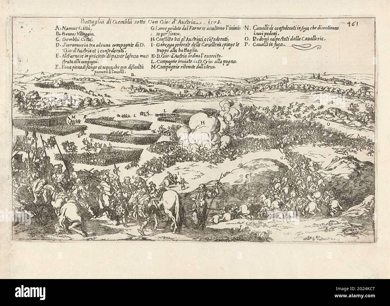 Bataille de Gembloers, 1578; Battaglia di Gemblu Sotto Don Gio: D'Austria, 1578. Bataille à Gembloux, le 31 janvier 1578. Bataille dans laquelle l'armée d'état est défaite par l'armée de farnese. Au loin les noms de villes et gembloux. En haut de la légende A-P en italien. Banque D'Images