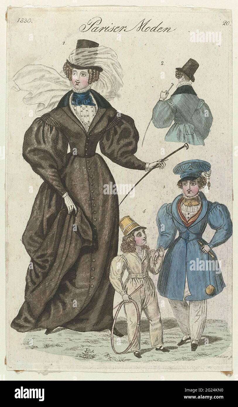 Pariser Moden, 1830, no 20. Femme debout vêtue d'un costume d'amazone  (Rijkostuum). Sur la tête un chapeau haut avec voile. Fouetter dans la  main. En haut à droite, l'arrière est réduit. En