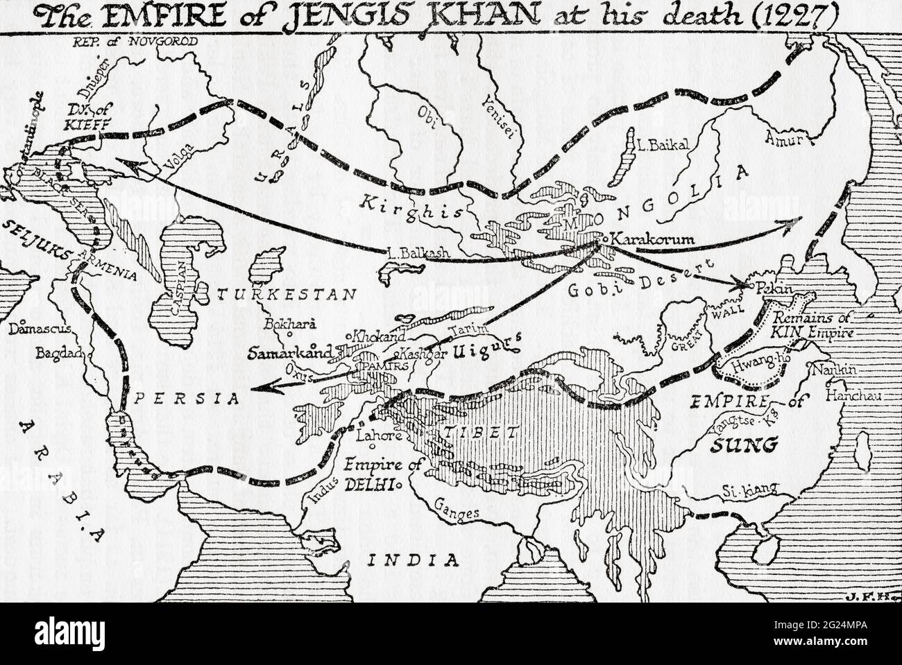 Carte montrant l'Empire de Jengis Khan, ou Gengis Khan, à sa mort, 1227. Tiré d'UNE brève histoire du monde, publié vers 1936 Banque D'Images