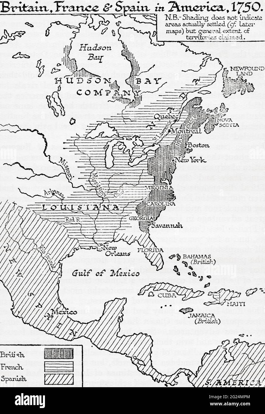 Carte montrant la Grande-Bretagne, la France et l'Espagne en Amérique, 1750. Tiré d'UNE brève histoire du monde, publié vers 1936 Banque D'Images
