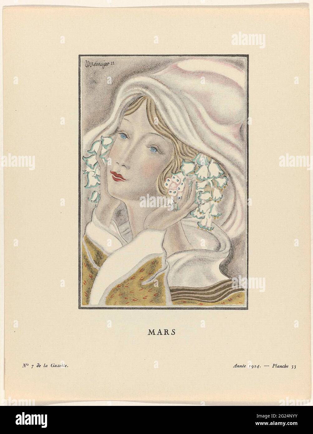 Gazette du bon tonnes. Art - modes et Frivolés, 1924 - N° 7 : Mars.  Portrait d'une femme avec les mains aux oreilles et les fleurs dans les  cheveux. Planche 33 de