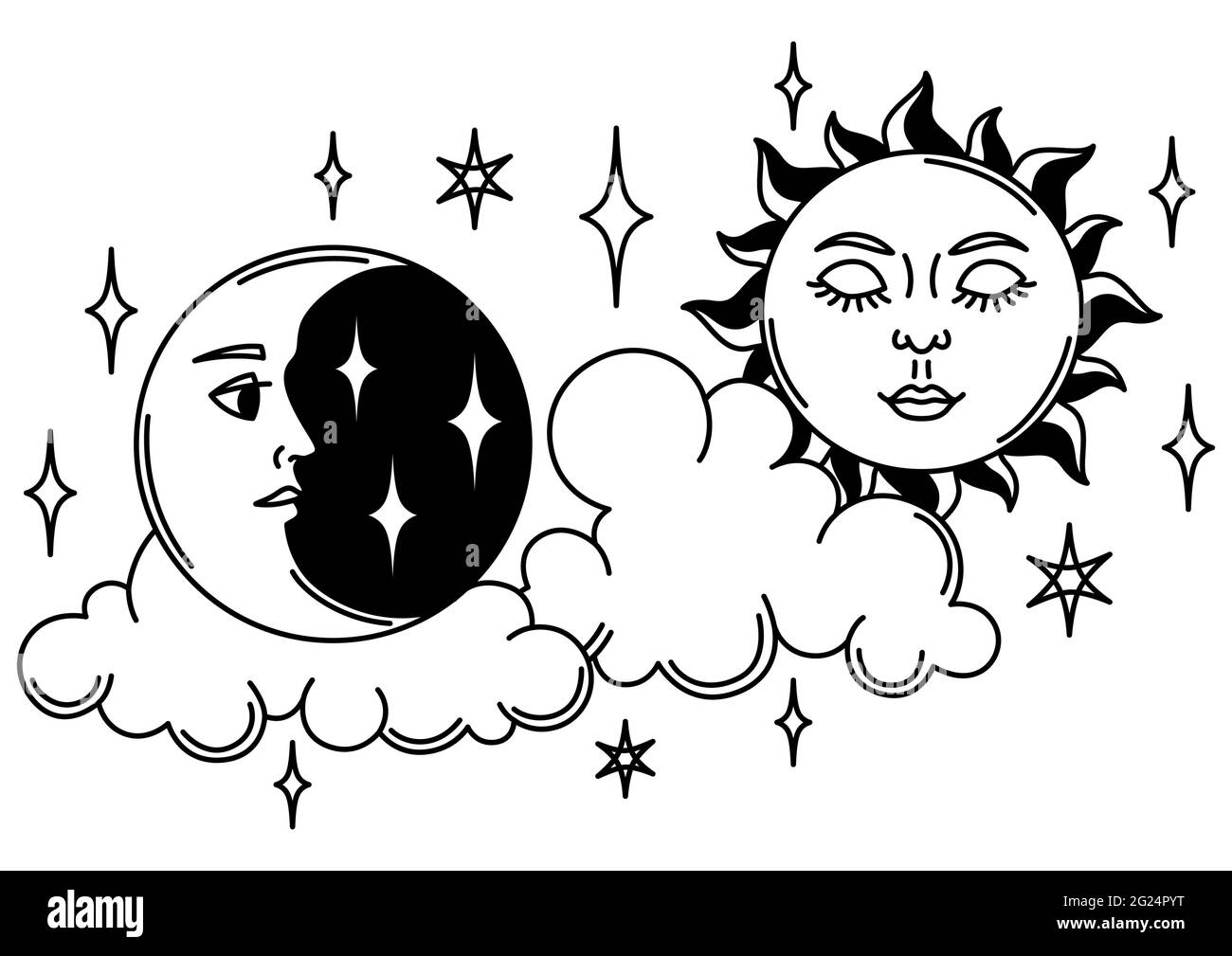 Illustration magique avec soleil et lune. Mystic, alchimie, spiritualité et art du tatouage Illustration de Vecteur