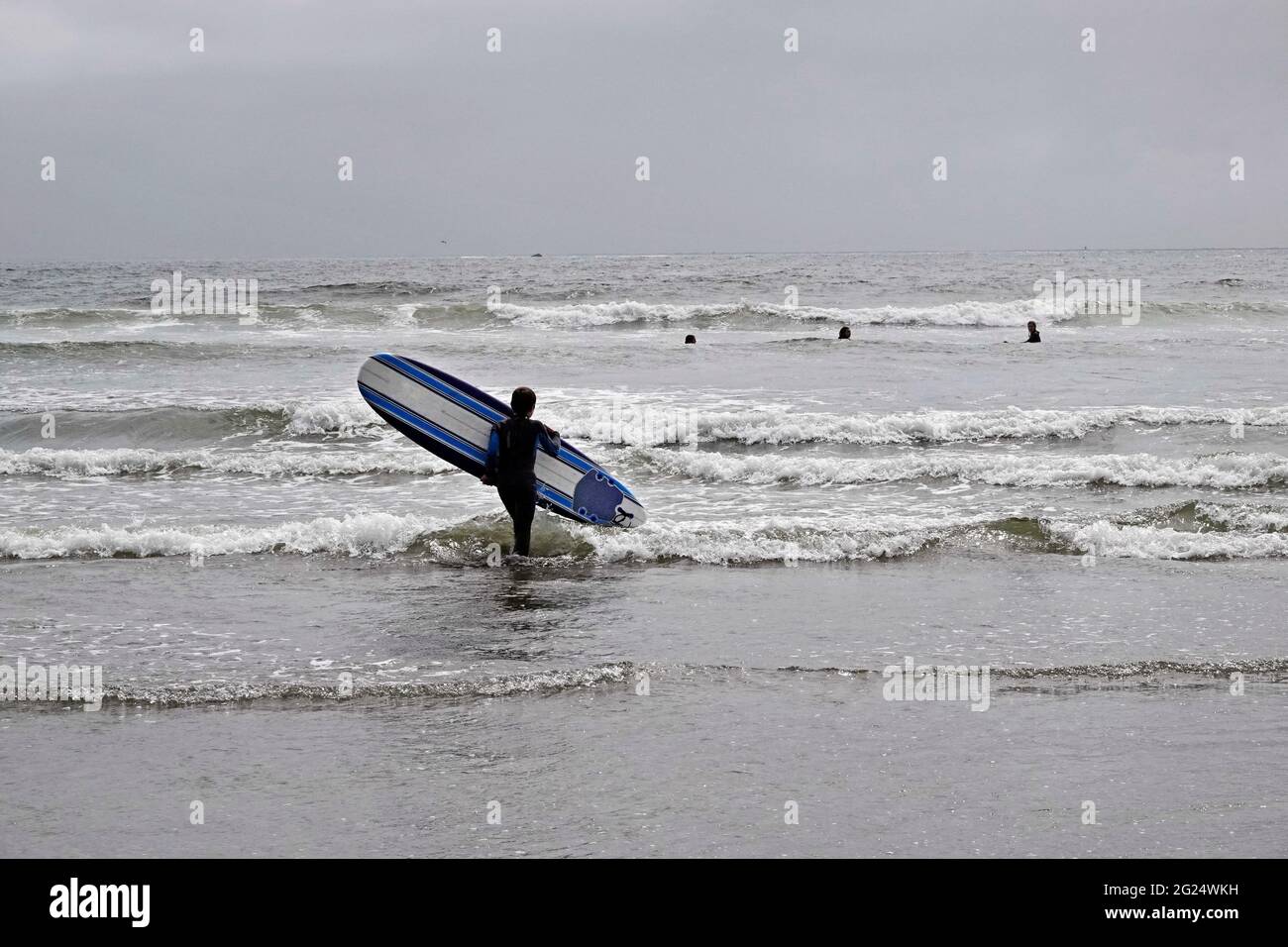 Un surfeur, se dirigeant vers l'eau froide de l'océan Pacifique sur une plage près de Crescent City, Californie. Banque D'Images