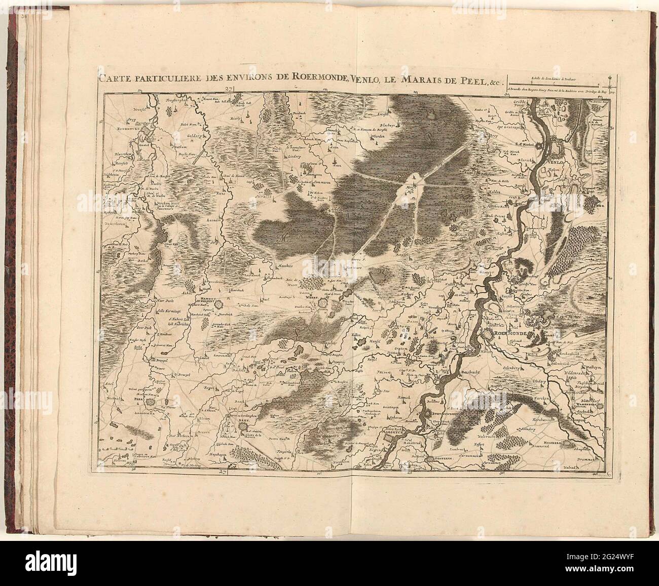 Carte de la région de ​​Roermond et Venlo, 1709; carte privée des environs de Roermonde, Venlo, le Marais de Peel, et c .. Carte de la région de ​​Roermond et Venlo avec de Peel, 1709. Partie d'une collection groupée de plans de batailles et de villes du Germaard dans la guerre de succession espagnole. Cette plaque appartient aux 24 premières plaques qui forment ensemble une très grande carte du sud des pays-Bas. Banque D'Images