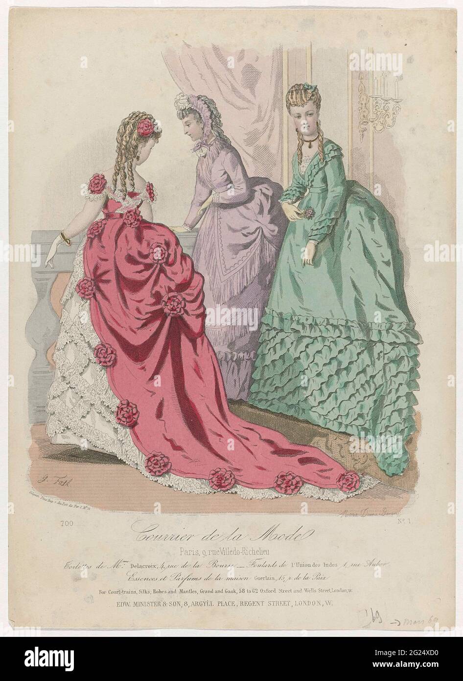 Courrier de la mode, 1869, no 700, non 1: Toilette de Mme Delacroix (...).  Trois femmes à une balustrade sur une plate-forme. À gauche : robe rose ( soirée) avec sentier, ornée de