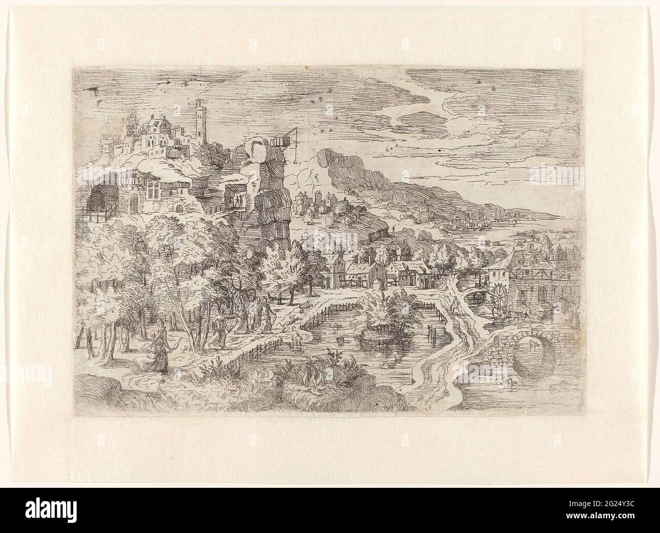 Paysage avec des femmes sur le yacht. Grand paysage avec liens un rocher avec des cottages et tourelles pittoresques. Une grue avec poulie est placée contre la paroi rocheuse. Parti pour une forêt avec quelques figures de femmes sur le yacht (peut-être Diana et ses nymphes). Au milieu se trouve un étang et une rivière coule sur la droite avec une ferme avec moulin à eau sur la rive. Une montagne avec des maisons et des obélisques à l'horizon. Banque D'Images