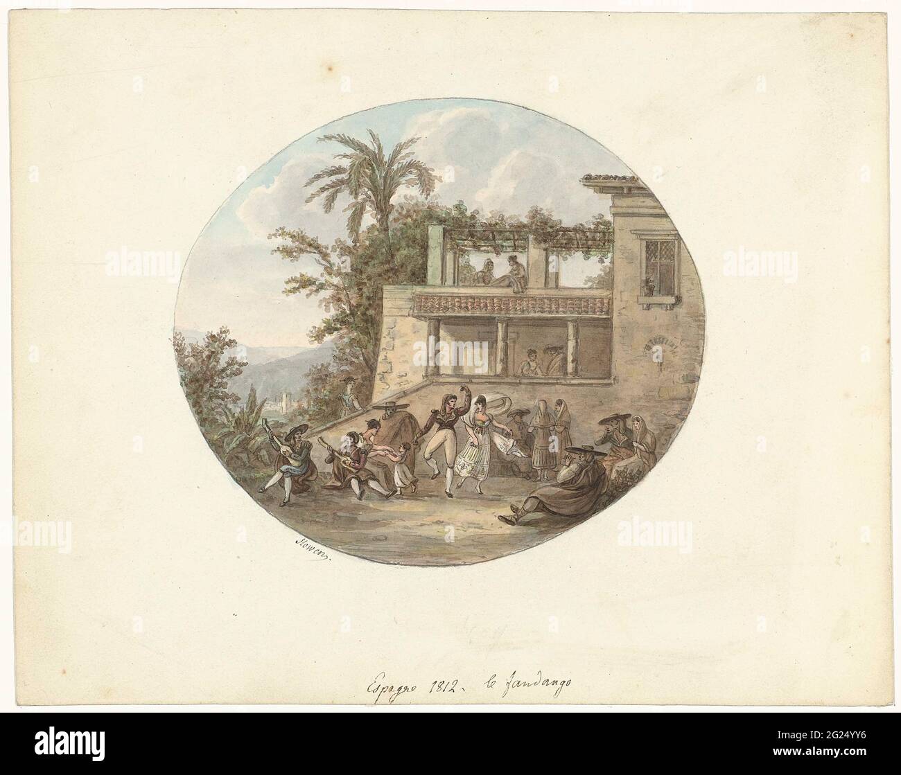 Danseurs sur une terrasse pour une auberge; le Fandango. Banque D'Images