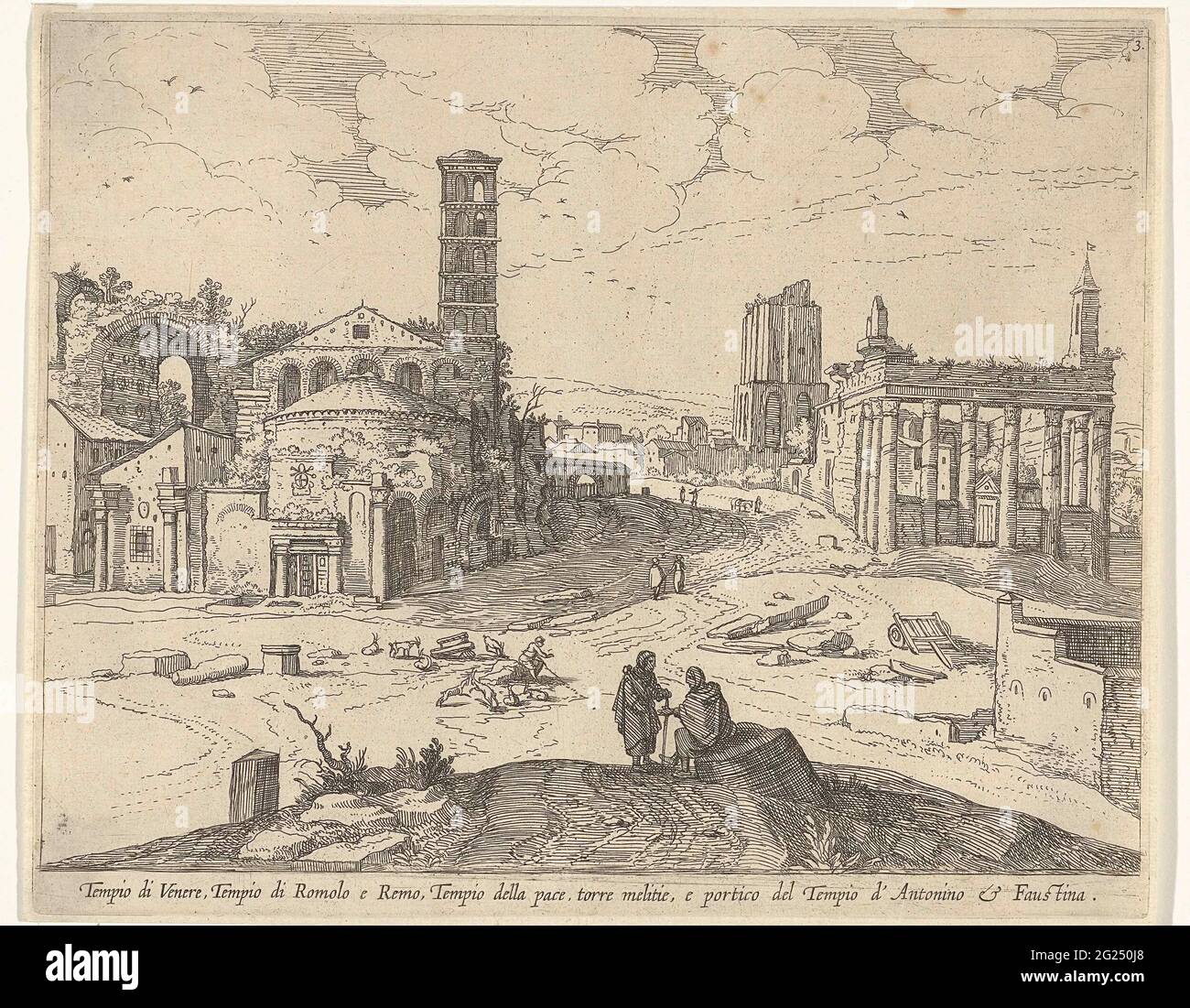 Vue du forum Romanum; Tempio di Venere, Tempio di Romolo E Remo (...); visages sur Rome. À gauche, le temple de Romulus avec la ruine du temple de Vénus et de Rome. À droite, la colonnade du temple d'Antoninus et de Faustina. Au premier plan, deux figures sont en conversation. Derrière elle un berger avec ses chèvres. Banque D'Images