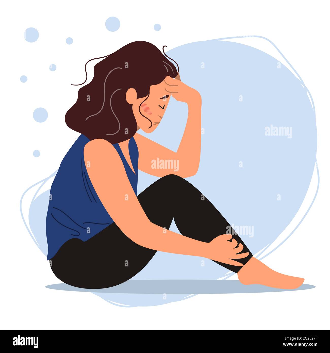 Femme fatiguée assise sur le sol. Concept de l'épuisement émotionnel ou du trouble mental. Illustration plate colorée de style dessin animé. Illustration de Vecteur