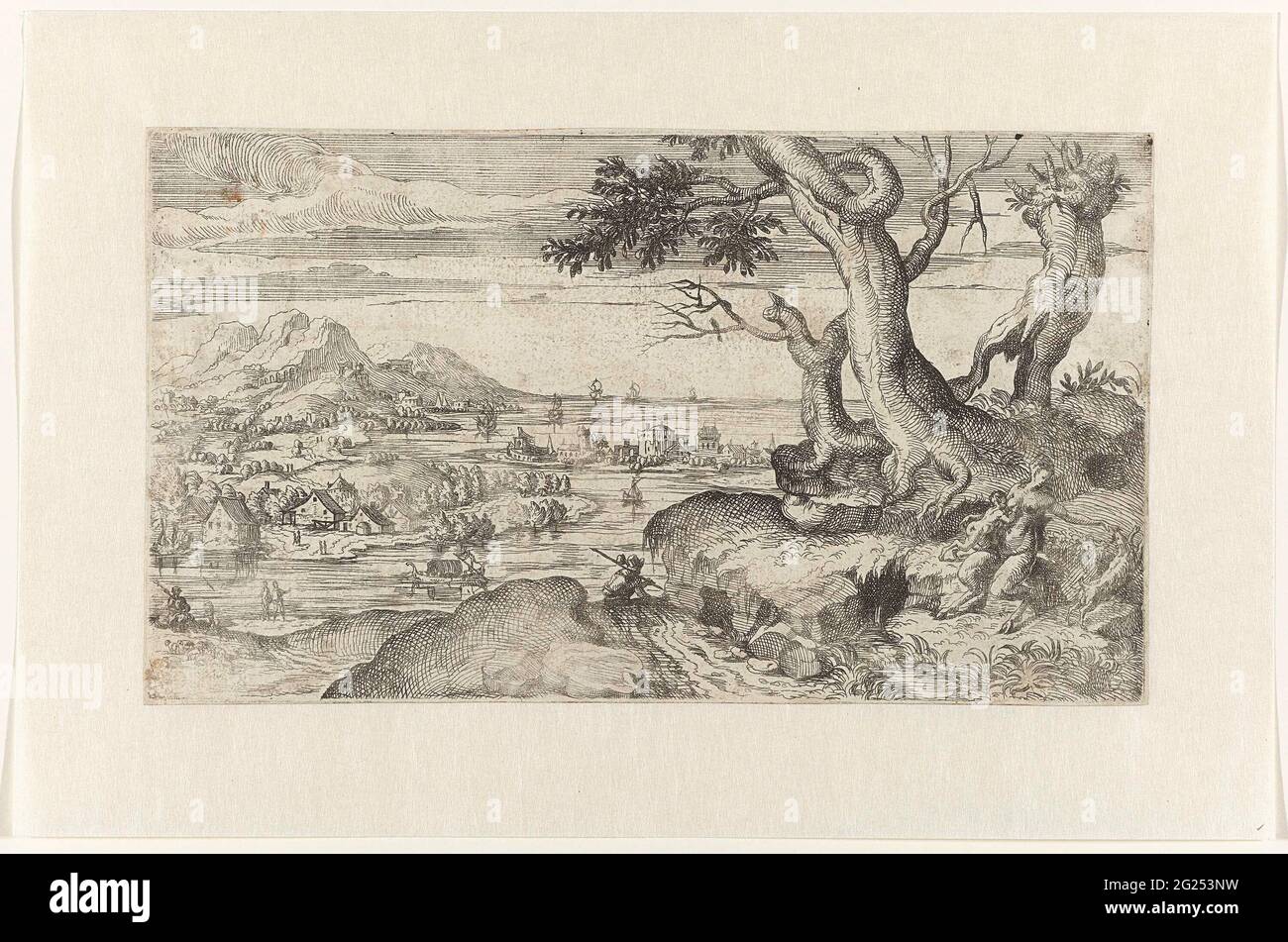 Grand paysage avec une coucheuse femelle alimentant un Satink. Paysage débordé avec des fermes et des ruines à l'embouchure d'une rivière. Certains navires naviguent à l'horizon au loin. Sur la droite une colline rocheuse avec au pied d'un groupe d'arbres, une femelle Sater qui combeste un jeune Sater. Une route de campagne s'écoule au milieu avec un voyageur sur elle. Banque D'Images