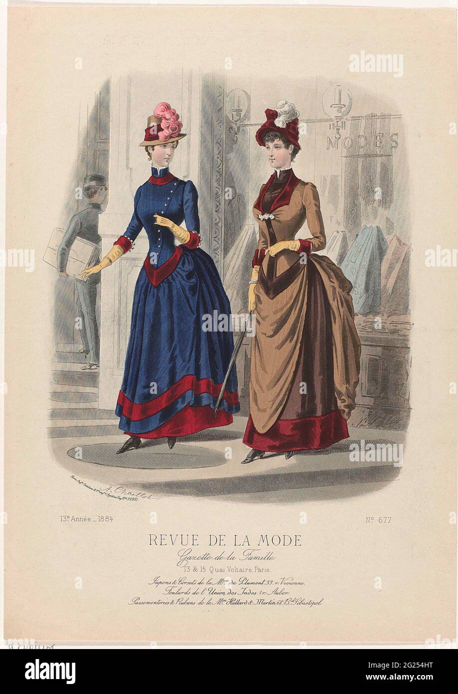 Revue de la mode, Gazette de la famille, Dimanche 21 décembre 1884, 13ème année, n° 677 : Jutons & Corsets (...). Deux femmes dans la rue, debout devant une fenêtre avec des 'modes' (tissus), en arrière-plan un garçon de marche avec un paquet sous le bras. À gauche : JAP de laine bleu marine et de velours rouge grenat. Le corsage est fermé par de petits boutons argentés. A droite: JAP de beige 'Cachemire de l'Inde' (cachemire) et velours brun et rouge grenat. Avec quelques règles du texte publicitaire pour différents produits. Impression à partir du magazine de la revue de la mode (1872-1913). Description détaillée des vêtements Banque D'Images