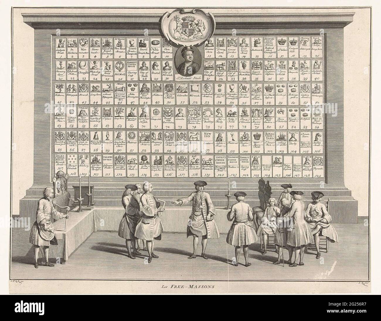 Salle de réunion de Freemasons ; les Free-Massons. La chambre Freemasse où au milieu les maîtres avec crochet de shopping et le passant sont en contrôle. À droite se trouve un groupe d'hommes pour un jeune homme et un liseur avec chapeau, tous deux assis sur une chaise. Tout sur la gauche un siège sur une augmentation. Au milieu, un médaillon avec le portrait de Sir Richard Steele et une arme avec la devise: La bonne cause. Banque D'Images