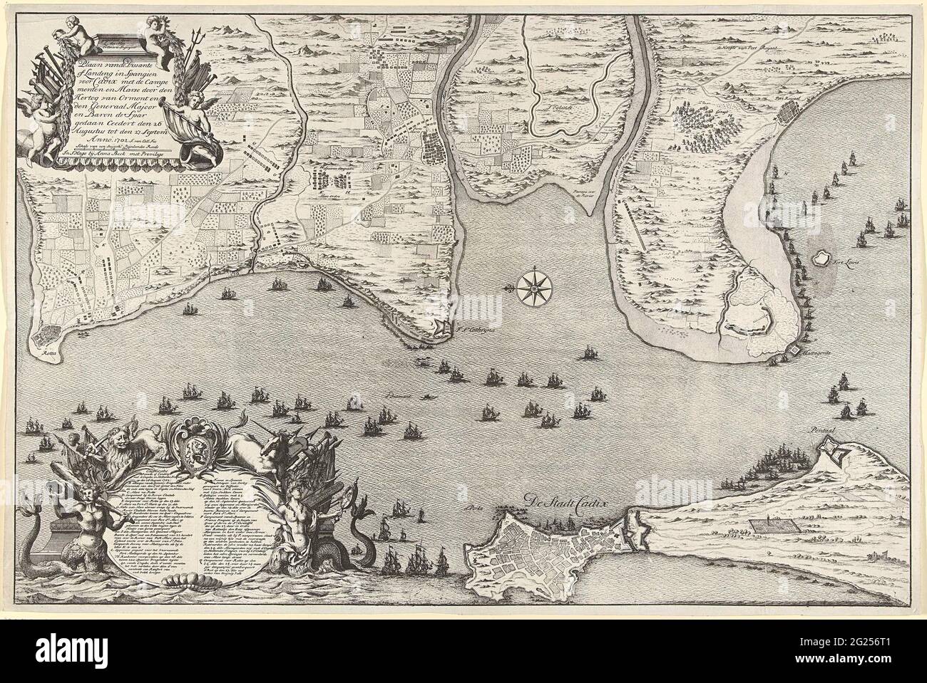 Carte du débarquement et de l'expédition des alliés à Cadix, 1702; Plaan du dissident ou de l'atterrissage à Spangien pour Cadix avec les campements et la Marse par le duc d'Ormont et le général major et le baron de Spar fait Ceedert den août 26 au 27 septembre. Anno 1702. Carte du débarquement et de l'expédition des alliés à Cadix, 26 août 1702. En haut à gauche de la cartouche avec le titre décoré d'anges et d'armes. En bas à gauche d'une cartouche avec l'énoncé des lettres A-Q, décorées avec des êtres marins, le lion hollandais et le licorne britannique et les bras du gène des États Banque D'Images