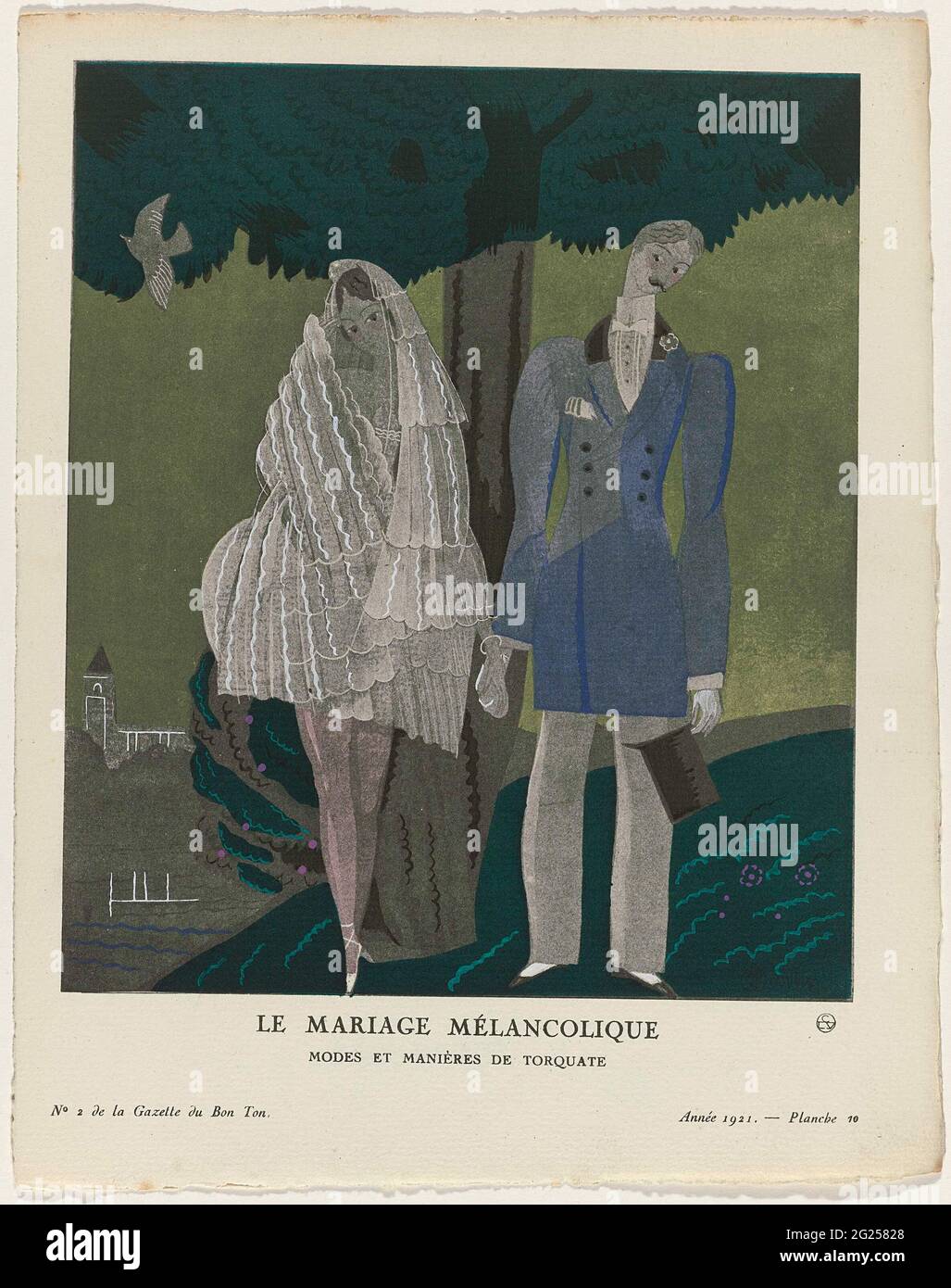 Gazette du bon ton, 1921 - N° 2, PL. 10: Le Mariage Mélancolique / modes et  manières de Torquate. Un couple de mariage tient main dans la main sous un  arbre. La