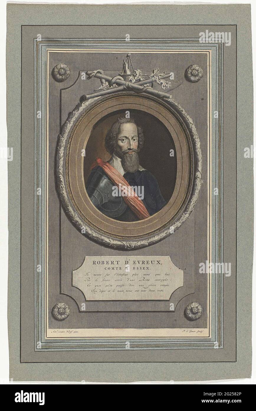 Portrait Robert d'Evreux, Comte d'Essex. Buste dans l'armure avec la  ceinture rouge, vu de l'avant, tourne quelque chose à droite. Table ronde  avec guirlande sur plaque de pierre. Quatre poèmes réguliers en