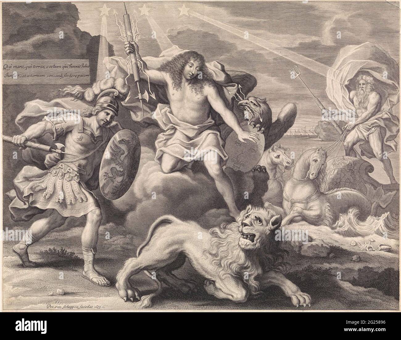 Imprimé promotionnel avec représentation allégorique de Louis XIV comme Jupiter. Louis XIV, proposé comme Jupiter, concentre ses éclairs sur un lion de plongée sous lui. Neptunus s'approche de la côte depuis la mer. Il se tient sur une voiture tirée par hippocampi. Mars, avec un bouclier avec un aigle à double tête, flotte le lion plus loin dans le coin. Il porte aussi des fascinances, tout comme Neptune et Jupiter. Star crash les trois chiffres. Au sommet deux règles solides en latin, faisant référence à la paix. Banque D'Images