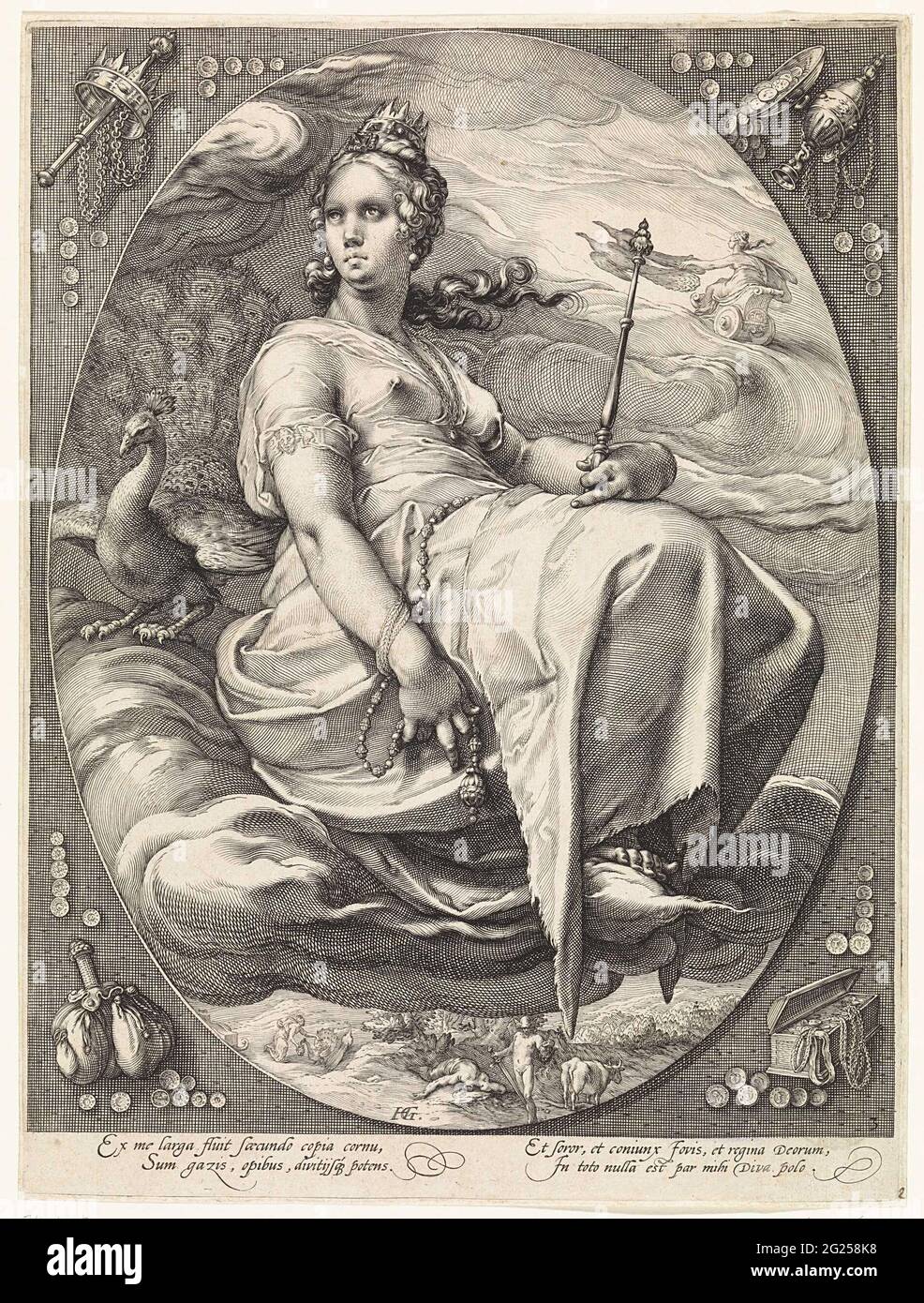Juno; trois déesses dans les nuages. Juno assis avec un paon sur un nuage. En arrière-plan, JUNO s'entraîne dans un chariot. Sous le nuage, l'histoire de Juno et du Pauw est représentée. Banque D'Images