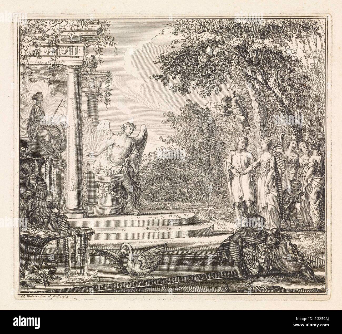 Spectacle allégorique sur le mariage. Un couple est dans le vrai connecté par un ange qui représente un temple à un feu Saint. Dans le temple il y a une image de la déesse du mariage Juno avec son paon. Au premier plan une fontaine avec un cygne et deux putti. Banque D'Images