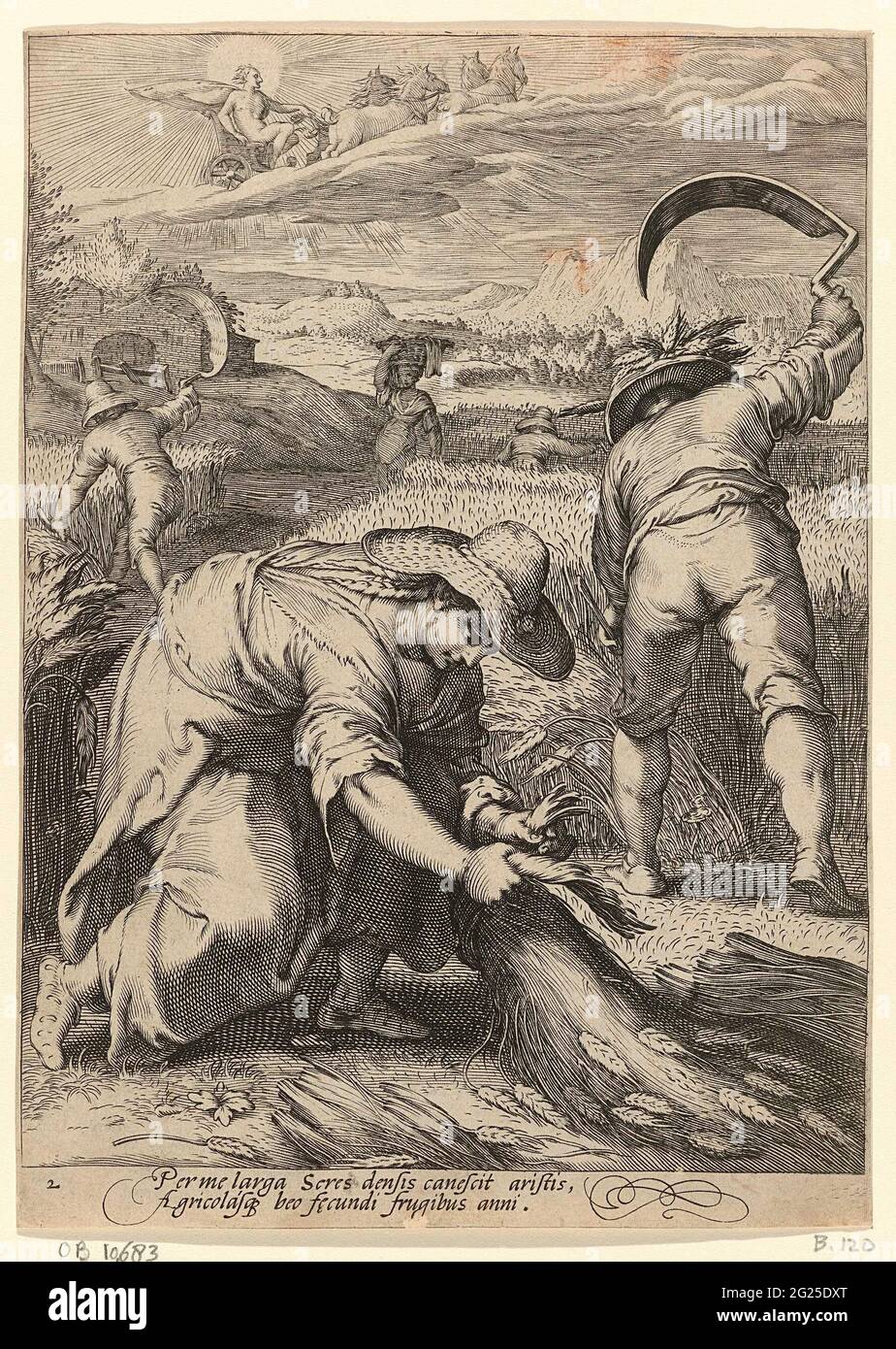 Été; agriculteurs de récolte; four Seasons. Certains agriculteurs et agriculteurs récoltent le grain. De Boerin au premier plan lie les pointes. Phoebus Apollo conduit dans sa voiture avec quatre chevaux le long du soleil. Sous le spectacle un texte latin à deux personnes avec une explication de la scène. Banque D'Images