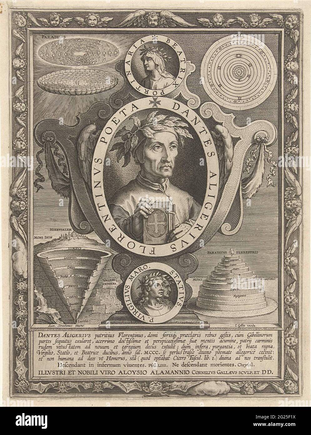 Portrait de Dante Alighieri. Portrait de Dante Alighieri avec couronne de Laurier et livre, ovale avec périphérique. Au-dessus d'un portrait de Beatrice, également avec couronne de Laurier. A gauche d'elle un schéma du paradis, à droite une carte des étoiles. Sous le portrait de Dante un portrait de Vergilius avec couronne de Laurier. A gauche une image de l'Inferno, à droite un modèle du paradis terrestre. Banque D'Images