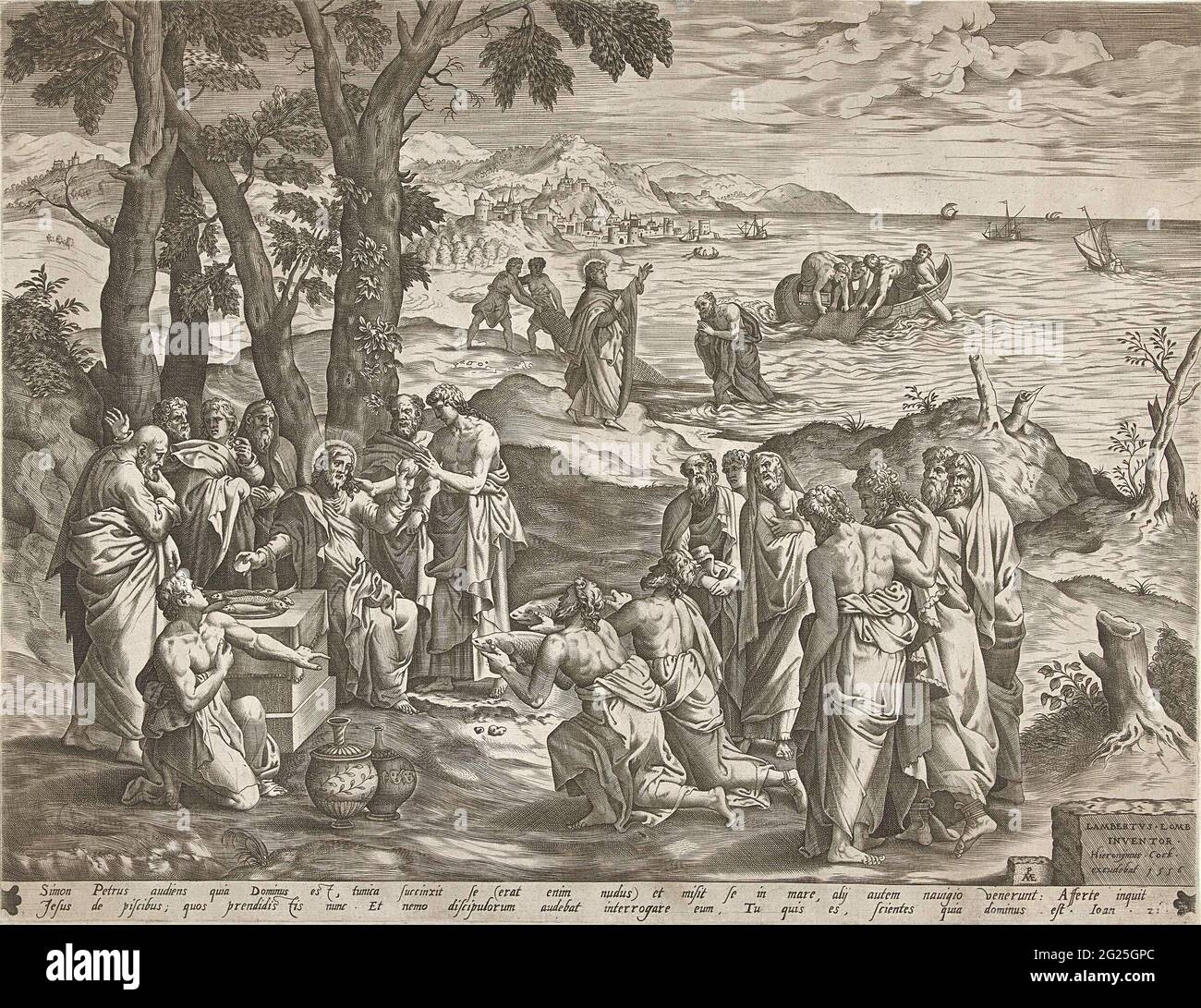 Pêche miraculeuse et rigidité merveilleuse. Le Christ multiplie les pains et les poissons, au milieu de ses disciples et de ses spectateurs. En arrière-plan, plus de Galilée sur laquelle les pêcheurs en bateau leurs filets sur le commandement des uigoes du Christ de pêcher. Avant Christ, dans le lac, Pierre aux mains pliées. Sur la rive James et John qui à l'intérieur des filets. Sous la montre deux lignes en latin. Banque D'Images