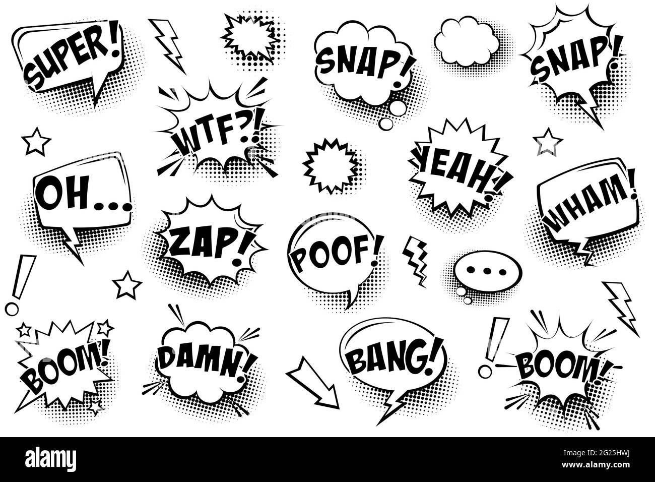 Bulles de langage comique avec ombres demi-teintes et texte isolé sur fond blanc. Autocollants de dessin animé rétro dessinés à la main. Style pop art. Vecteur Illustration de Vecteur