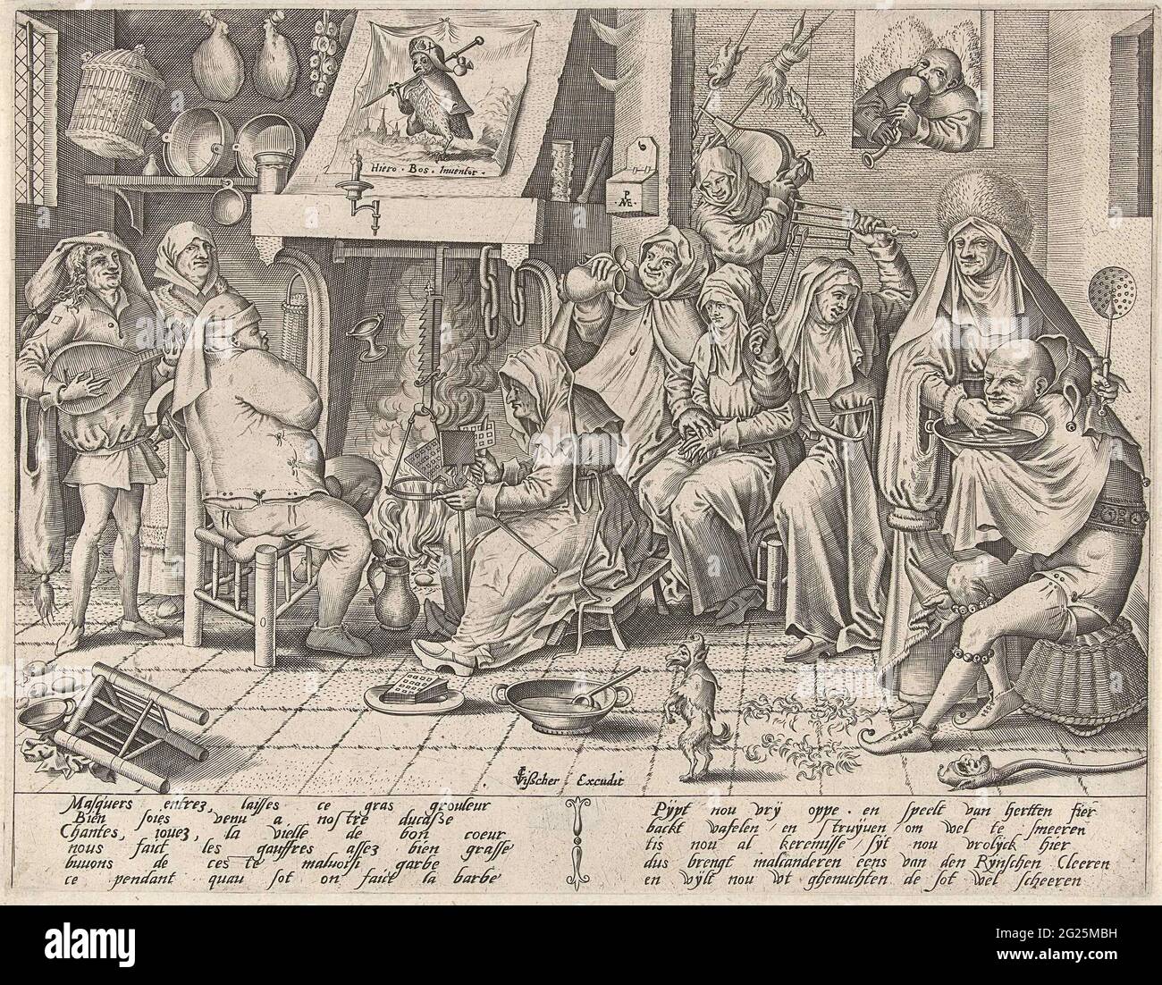 Shrove mardi. Dans un intérieur de cuisine il ya une compagnie gaie avec une vieille femme qui fait des gaufres à la cheminée (jeûne). A gauche un homme avec un luth, à droite un moine buvant avec une nonne. Légalement un jester est rasé, au premier plan un chien dansant dans un jesterkenkroen. Au-dessus de la cheminée un imprimé avec un hibou comme un pèlerinage. Avec légende de deux colonnes avec six règles en français et sur la droite cinq règles en néerlandais. Banque D'Images