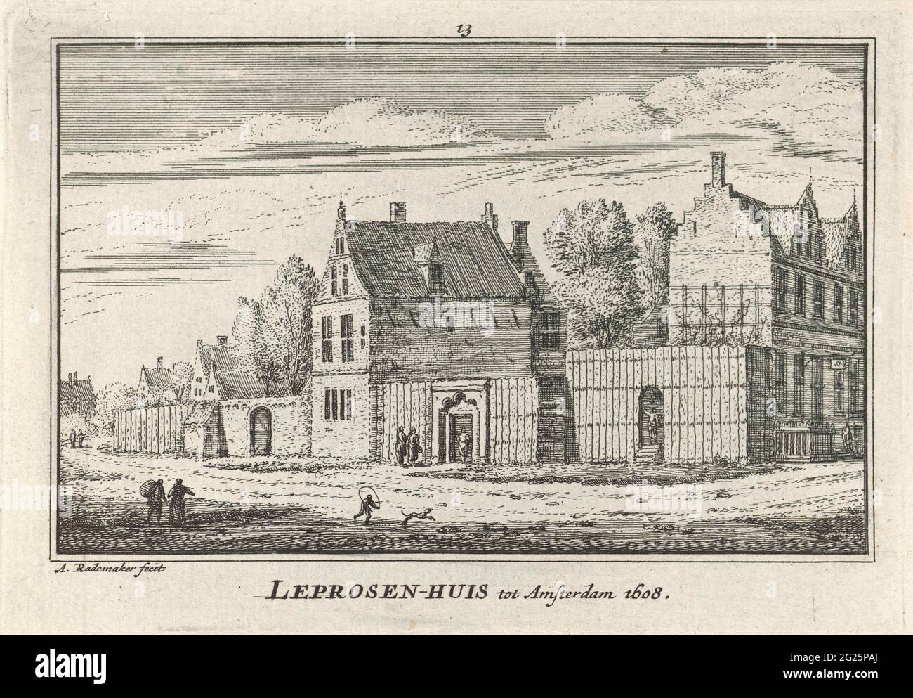 Vue sur la maison Leprzen à Amsterdam, 1608; maison Leprosen à Amsterdam 1608. Vue de la leprosité fortifiée à Amsterdam, dans la situation autour de 1608 (pour la dégradation du mur en 1609). À l'époque, au bord d'Amsterdam, près de la place actuelle du cours d'eau. Un certain nombre de figures pour le bâtiment, y compris un enfant jouant et un chien. Banque D'Images