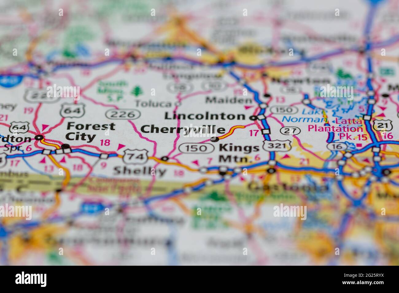 Cherryville Caroline du Nord Etats-Unis indiqué sur une carte routière ou une carte de géographie Banque D'Images