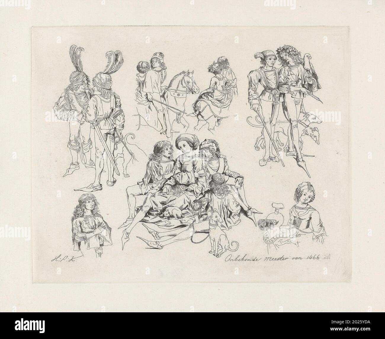 Magazine d'étude avec des figures en vêtements médiévaux. Feuille d'étude avec différentes figures en vêtements médiévaux. Relie deux hommes avec un turban avec des ressorts sur la tête. En haut à droite, deux hommes, dont l'un a un faucon sur son bras, derrière eux deux chiens. Au milieu, une jeune femme et trois hommes regardent des images différentes. Au-dessus de ce groupe, deux couples à cheval. Banque D'Images