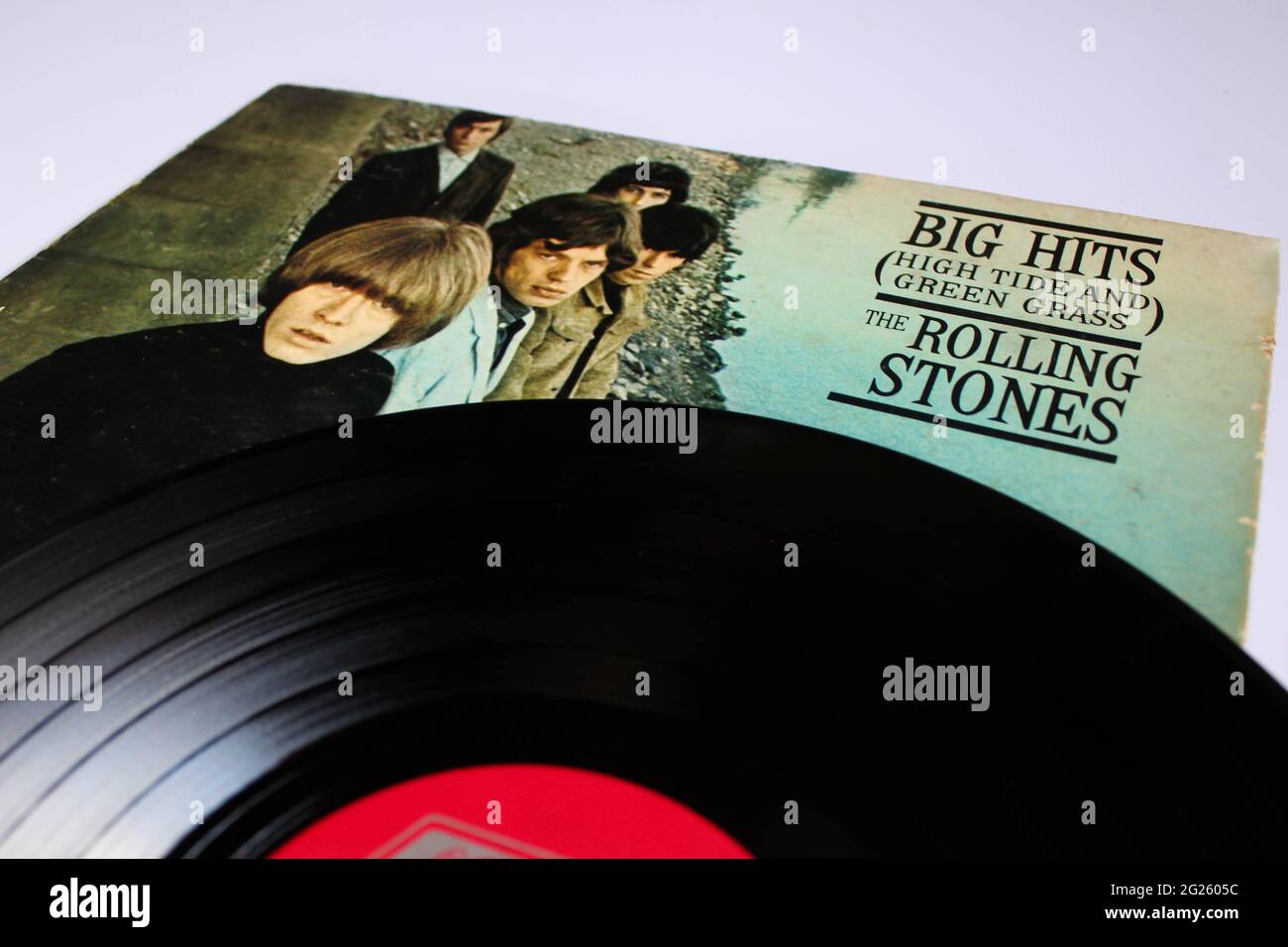 Groupe de rock anglais, l'album de musique Rolling Stones sur disque vinyle LP. Intitulé: Big Hits High Tide and Green Grass compilation album couverture Banque D'Images