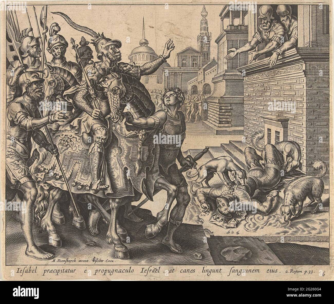 Le corps d'Izebels est mangé par les chiens; Histoire d'Achab et de Nabot. Après sa mort, le corps d'Izebels pour les portes de la ville est mangé par les chiens. Jéhu, le nouveau roi d'Israël, regarde la scène avec ses soldats. Banque D'Images