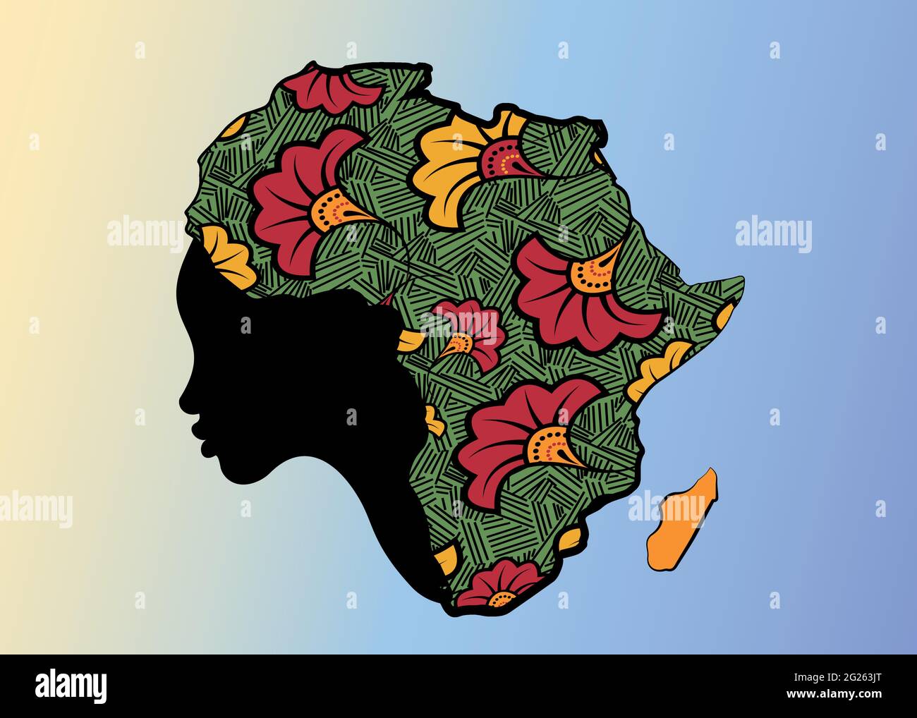 Concept de femme africaine, silhouette de visage avec turban en forme de carte de l'Afrique. Tissu à imprimé afro coloré, modèle de logo tribal Illustration de Vecteur