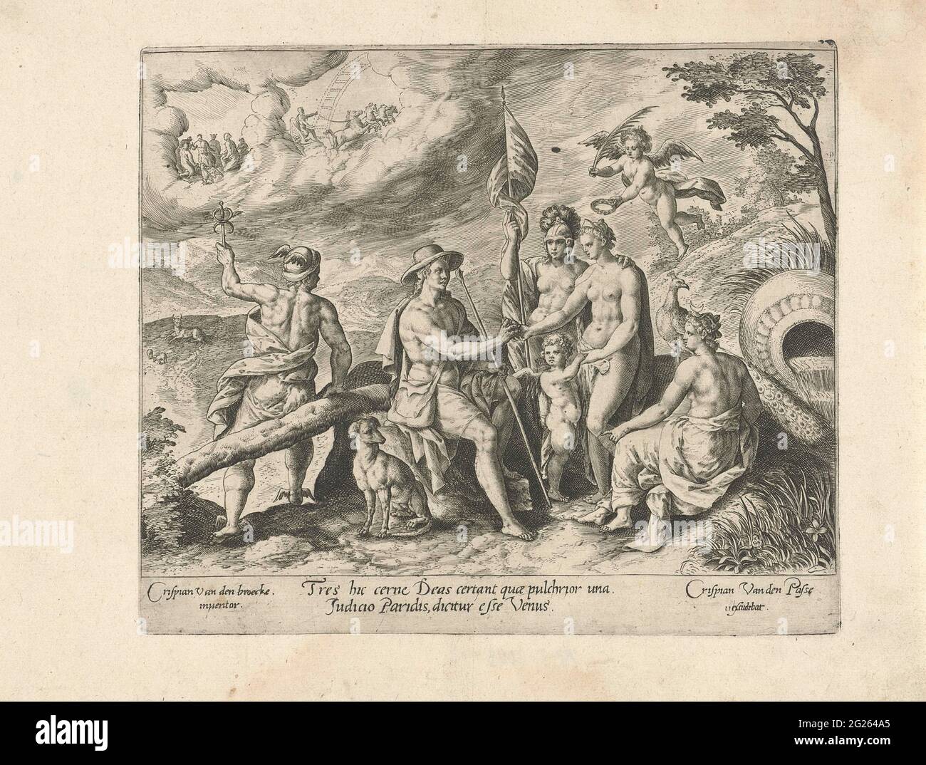 Arrêt de Paris. Paysage avec le jugement de Paris. Paris doit juger les trois plus belles déesses d'Olympe sur leur beauté : Juno (avec le paon), Vénus (avec Amor) et Minerva (avec casque). Paris donne la pomme dorée d'Eris à Vénus. Mercury regarde le ciel où les dieux ont recueilli. Dans la marge une légende à deux pattes en latin. Banque D'Images