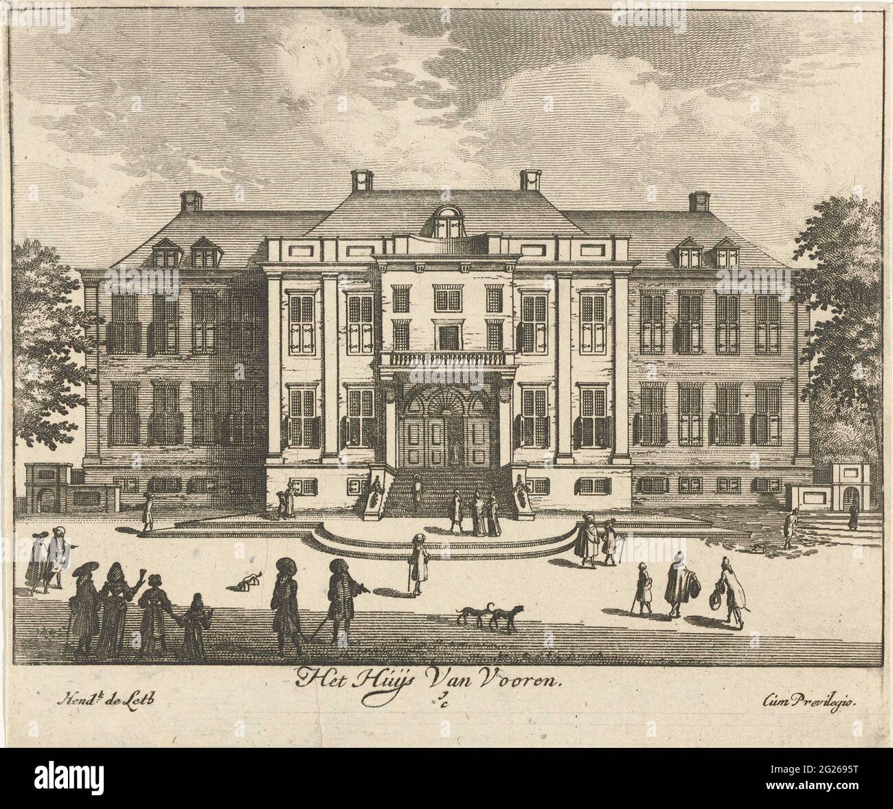 Façade du palais Soestdijk; Huijs van Vooren; photo générale Vang Lust-Huijs et Hof van Sijn Koninklijcke majesté de Grande-Bretagne T Soest-Dijk. Vue sur la façade du palais Soestdijk avec des personnages de marche au premier plan. L'imprimé fait partie d'une série de seize visages au Palais Soestdijk et au domaine associé. Banque D'Images