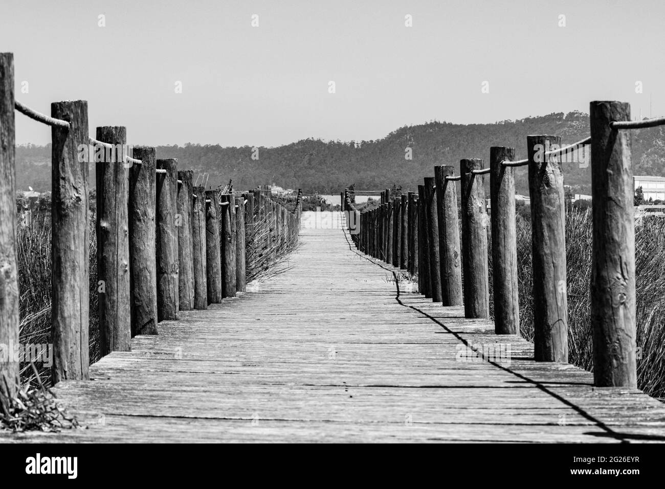 Ancien chemin de pont en bois sur la côte de la plage en noir et blanc en perspective. Banque D'Images