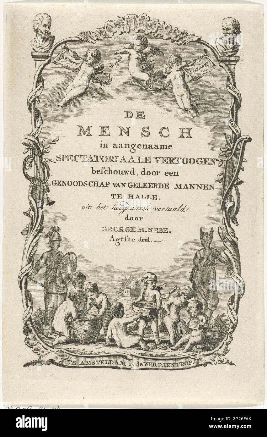 Allégorie sur la sagesse et les arts; page de titre pour: G. M. Nebe, l'homme dans les spectateurs considérés, 1773-1778. Une statue de Minerva, déesse des arts et de l'apprentissage, et une statue de la stupidité, une femme aux oreilles ânes. Permet de jouer entre les images. Trois putti ramassent le miel d'une ruche, lisant d'autres putti et un puto porte un chapeau de frygique et tient un plat rempli de papiers, dans ses mains. Au top trois putti float avec des louanges et des couronnes de Laurier. Les instruments de musique sont traités comme un symbole des arts dans le bord. Page de titre d'un livre dans lequel les textes sont Banque D'Images