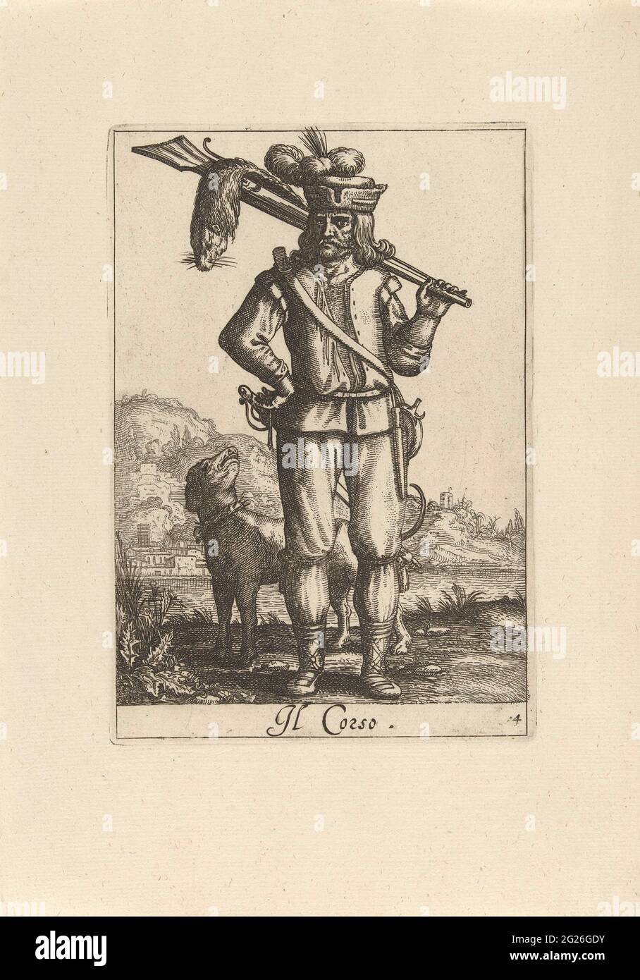 Homme habillé selon la mode corse; il Corso; costumes d'Italie. Paysage  avec homme habillé à la mode de Corse, Italie. L'homme est hors de l'avant  et plein de pieds, derrière lui est