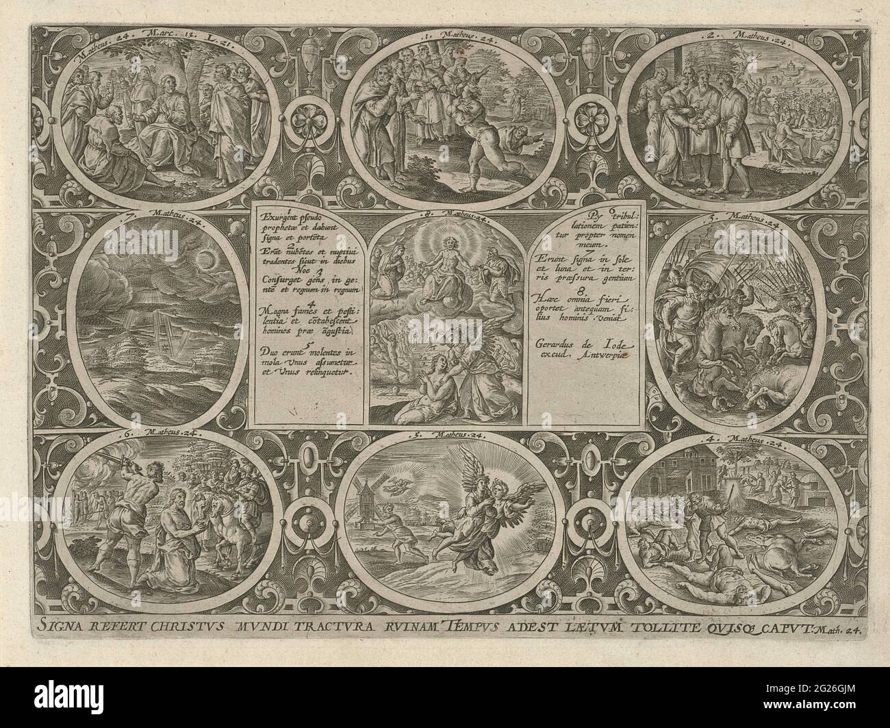 Dessiner ce point pour tomber dans le monde. Cadre ornemental avec huit médaillons numérotés avec des signes qui indiquent la chute du monde de l'Evangile de Matthieu: Christ avec ses étudiants dans la cour de Getemane; les prophètes faux font des merveilles; les gens continuent à célébrer jusqu'à ce que Noé entre à bord de l'Arche et libère le flux; Les peuples tirent les uns contre les autres; les gens sont punis de faim et de taquinerie; deux femmes se tournent vers un moulin, l'une d'entre elles est prise; le maître punit son serviteur avec l'épée; éclipse du soleil, les étoiles tombent du ciel et la lune ne donne plus de lumière. Dans TH Banque D'Images