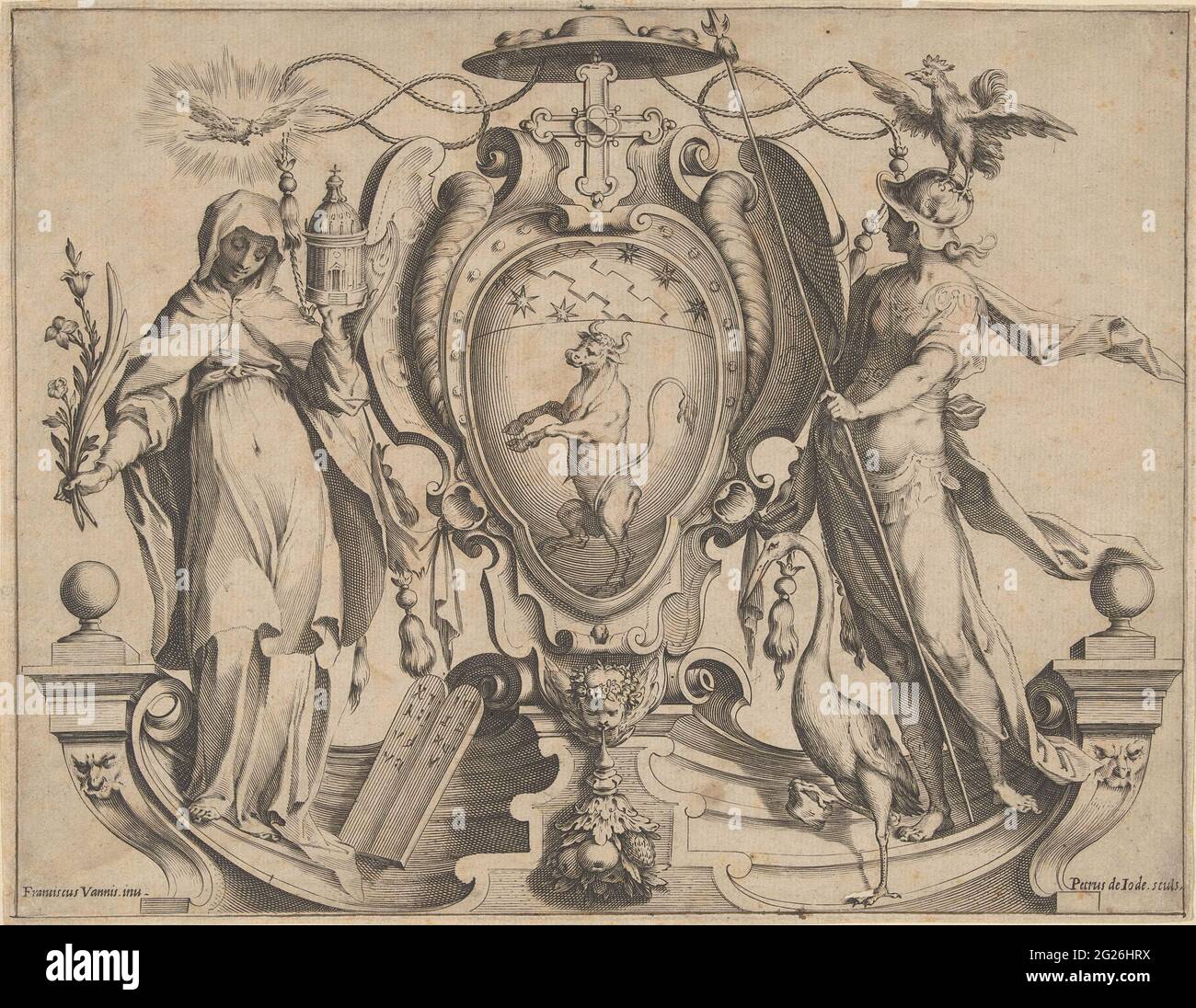 Armoiries avec des personnages de taureau et de femme. Armoiries avec un taureau de lessivage. Récompensé d'une croix grecque. Flanquée de personnages féminins avec des attributs: À gauche, une personnification féminine avec des fleurs et un bâtiment d'église entre les mains. Au-dessus d'elle un pigeon dans une couronne de rayon. À droite, une femme personnification avec un coq sur sa tête et un héron sur ses pieds. Banque D'Images